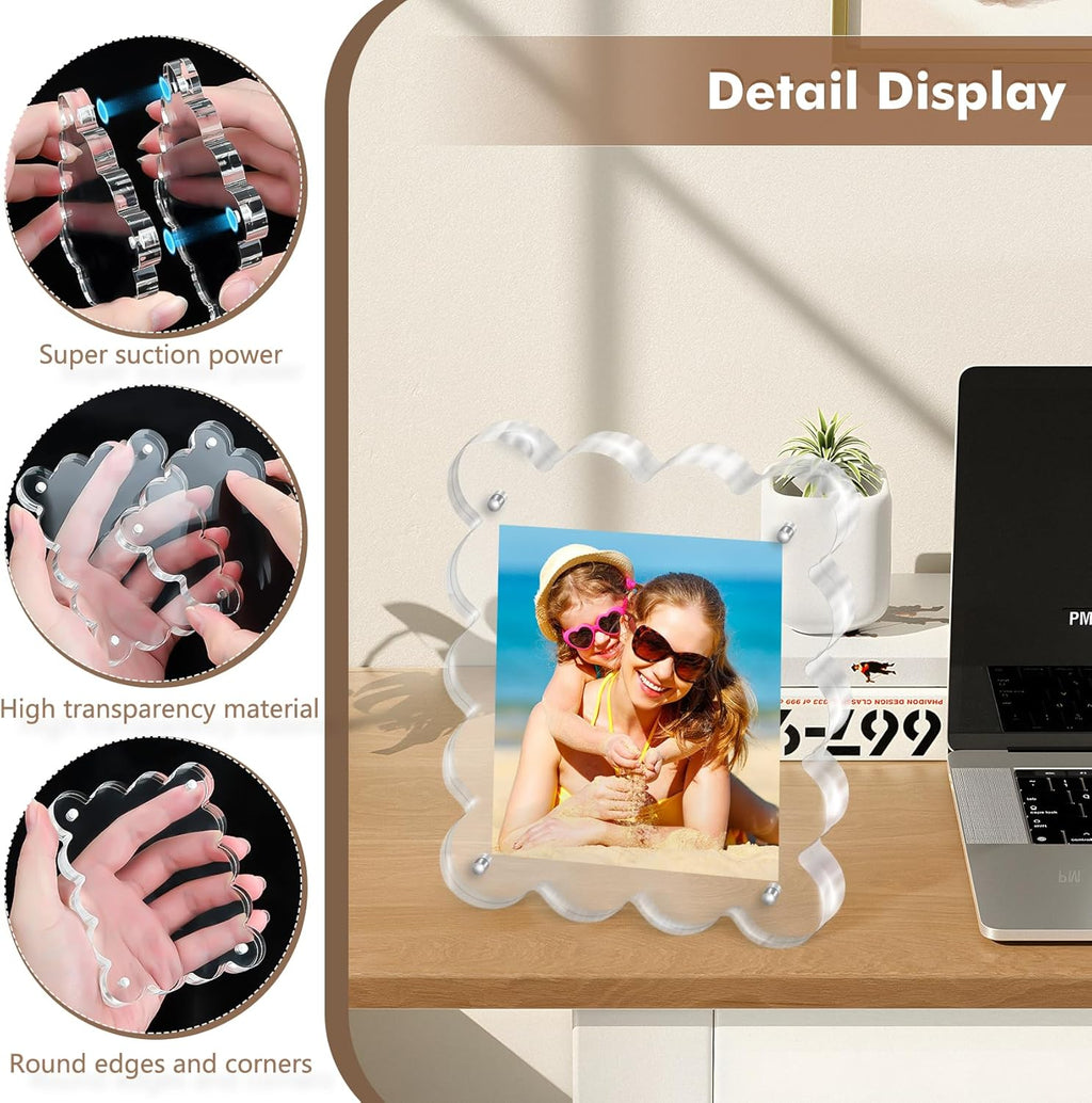 Acrylic Photo Frame 2×3inch - 3Pack Magnetic Picture Frames with 10+10mm Thick Block, Scalloped Edge Design, Double-Sided Magnet Frames for Modern Desktop Display (Clear, 2x3)