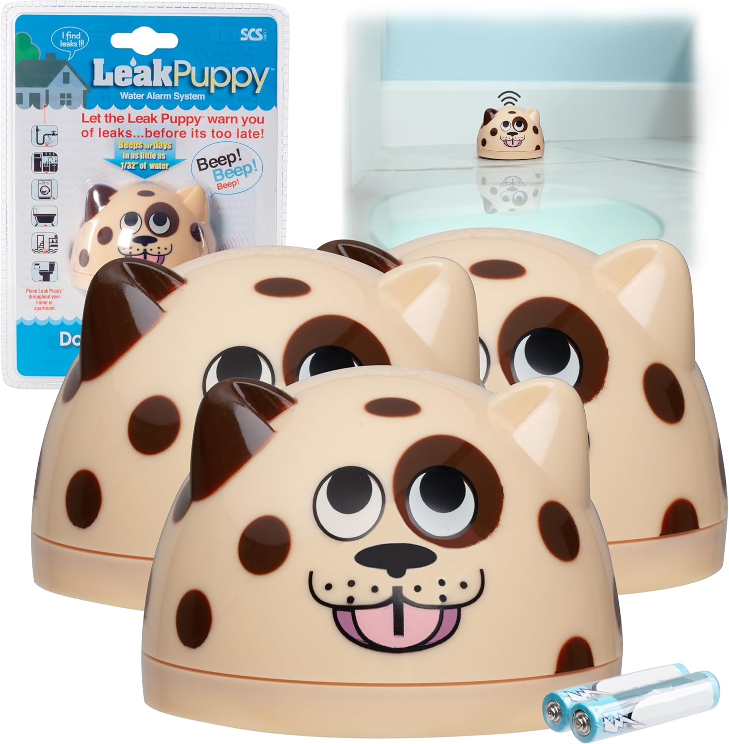 Water Leak Detector and Alarm-The Original LeakPuppy 3PK- Electronic Flood Detector for Kitchen & Basement-1/32 Liquid Sensor-Beeps Loudly on Overflows Plus Low Battery-Xmas Gift for New Homeowners