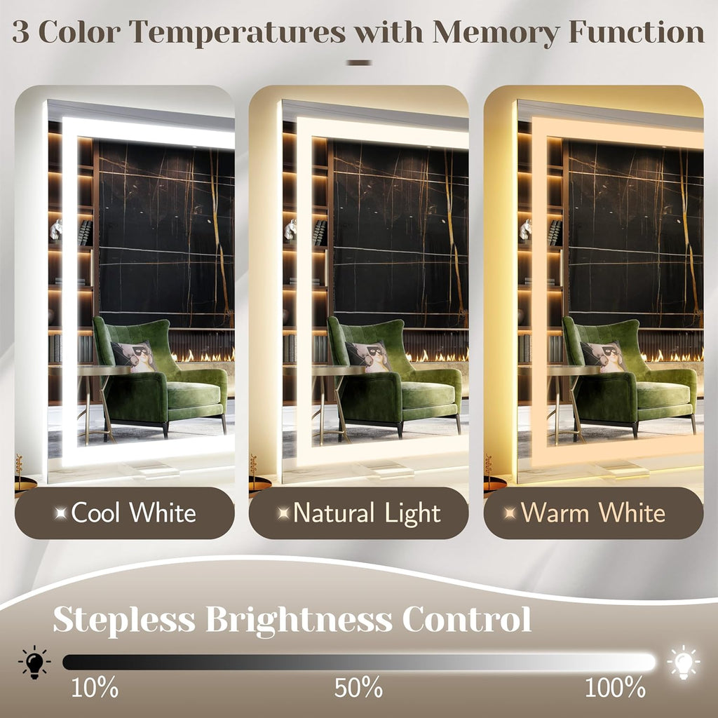 FENNIO Large Vanity Mirror with Lights，40" x 28"Makeup Mirror with Lights，Hollywood Mirror with 3 Color Modes & Adjustable Brightness，Vanity Mirror Square White