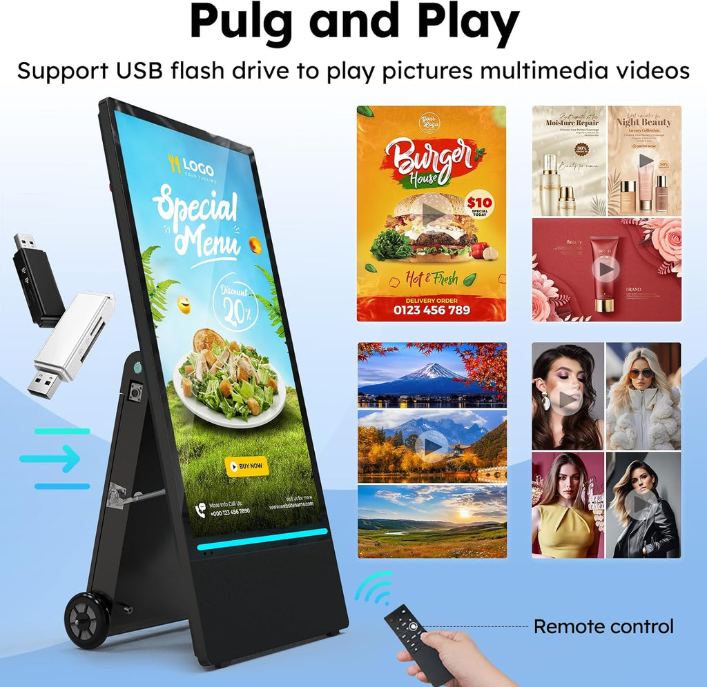 43 inch Rechargeable Portable Outdoor Digital Signage Displays, 2K FHD, IP65 Waterproof, Smart LCD Split Screen, Brightness Auto-Adjustment Movable Advertising Kiosk with Android OS