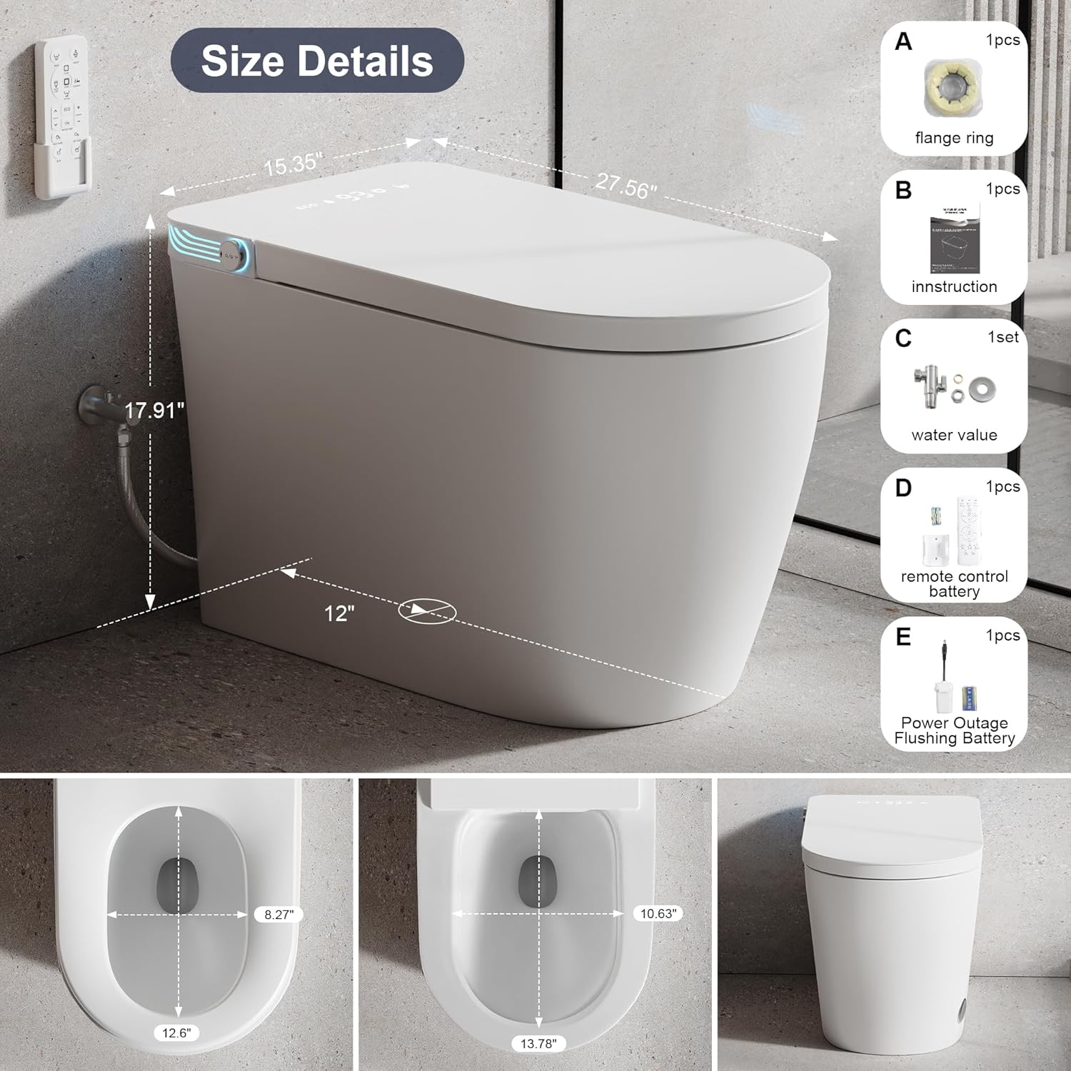 Smart Toilet with Bidet Built in, Bidet Toilet with Heated Seat and Night Light,Warm Water Wash&Dry, Modern Tankless Toilet for Bathroom, One Piece Toilets with Soft Close, Foot Sensor, Auto Lid&Seat