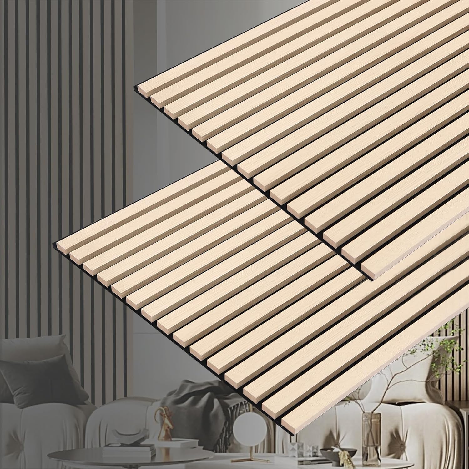 3D Slat Acoustic Wall Panels with Wood Finish Accent, 2 Pack Sound Absorbing Paneling for Studio, Office, Living Room, Bedroom Interior Decor (Natural Oak, 48''L x 24''W)