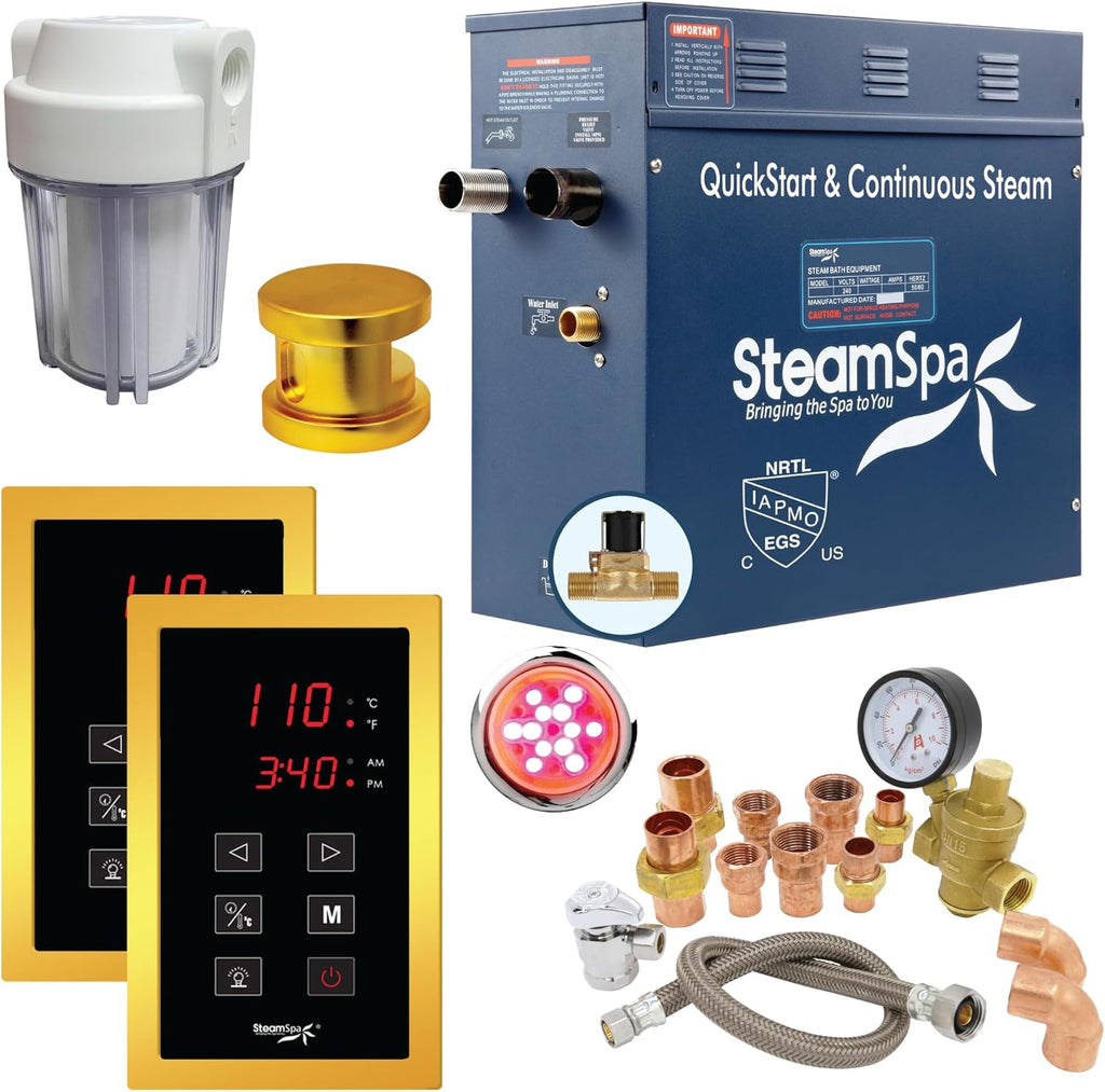 SteamSpa Executive 7.5 KW QuickStart ACU-Steam Bath Generator Package with Built-in Auto Drain and Install Kit Polished Gold, Steam Generator Kit with Dual Control Panel Steamhead 240V, (EXT750GD-A)