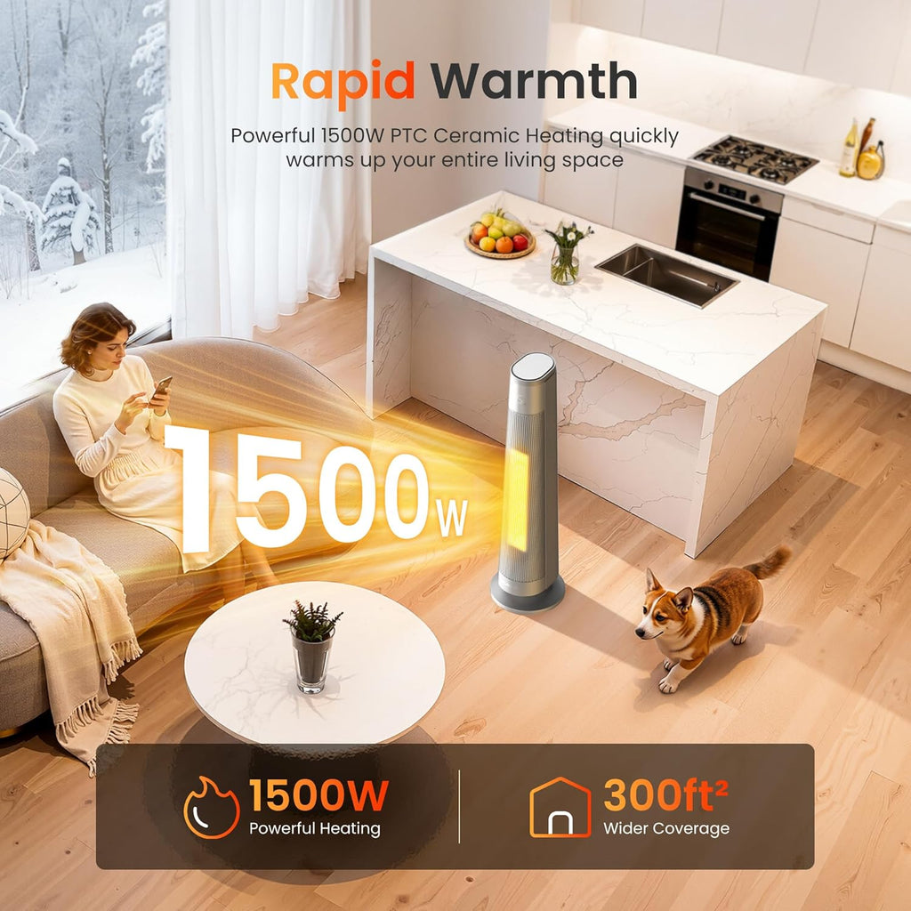 1500W PTC Ceramic Smart Space Heaters for Indoor Use, Portable Heater with Remote & App Control for Large Room, Office, ECO Modes, Safety Protection, 70° Oscillation, 12H Timer, Silver, 1 Pack