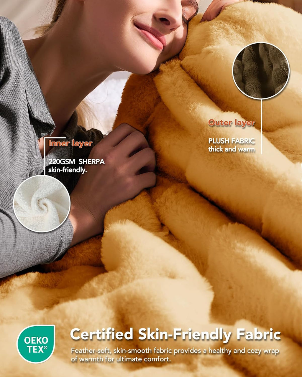 Homemate Heated Blanket Electric Throw - 50"x60" Heating Blanket Throw 1/2/4/6/8 Hours Auto-Off 10 Heat Levels Over-Heat Protection Luxury 800 GSM Faux Fur 200 GSM Sherpa ETL Certification