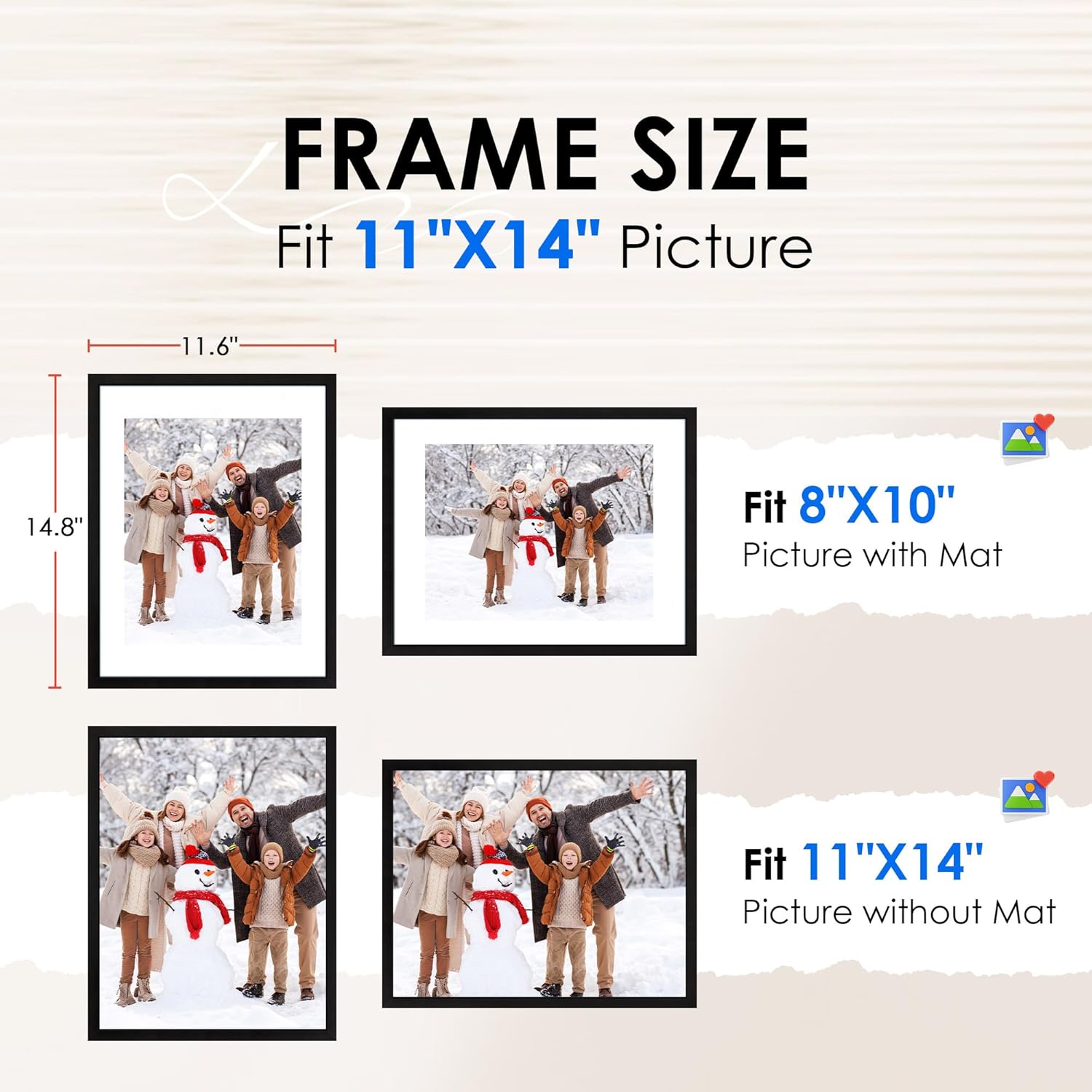 FIXSMITH 11x14 Picture Frame 1 Pack, Photo Frame with HD Plexiglass, Display Pictures 8x10 with Mat or 11x14 Without Mat, Black Picture Frames Collage Wall Decor, Gallary Wall Frame