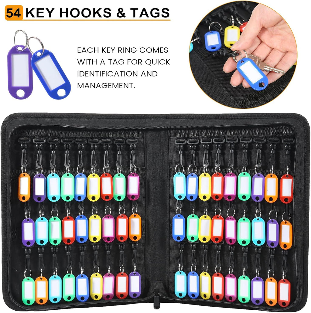 Zippered Key Case Organizer with Handle, Waterproof and Fireproof Key Binder with 54 Hooks and Tags Portable Key Storage Book for Offices Real Estate Agencies Hotels and Rental Management