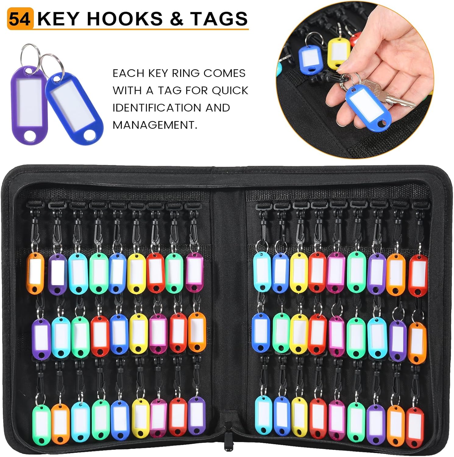 Zippered Key Case Organizer with Handle, Waterproof and Fireproof Key Binder with 54 Hooks and Tags Portable Key Storage Book for Offices Real Estate Agencies Hotels and Rental Management