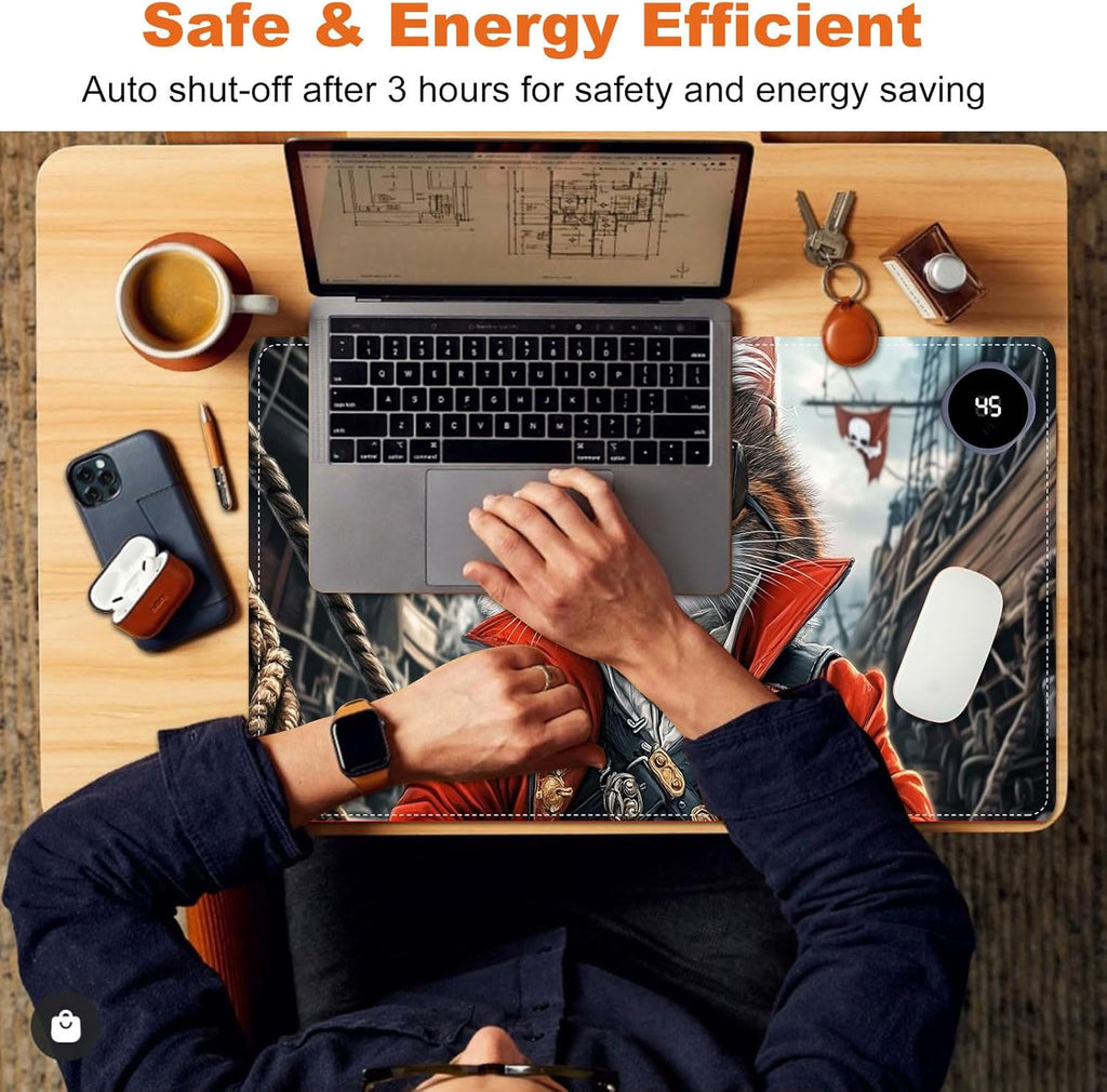 Small Heated Desk Pad 23.6" x 14.2" – Compact Electric Mouse Pad with 3 Heating Levels, Auto Shut-Off, Waterproof PU Surface, Plug-in Warmer for Office or Home Use, Pirate Cat