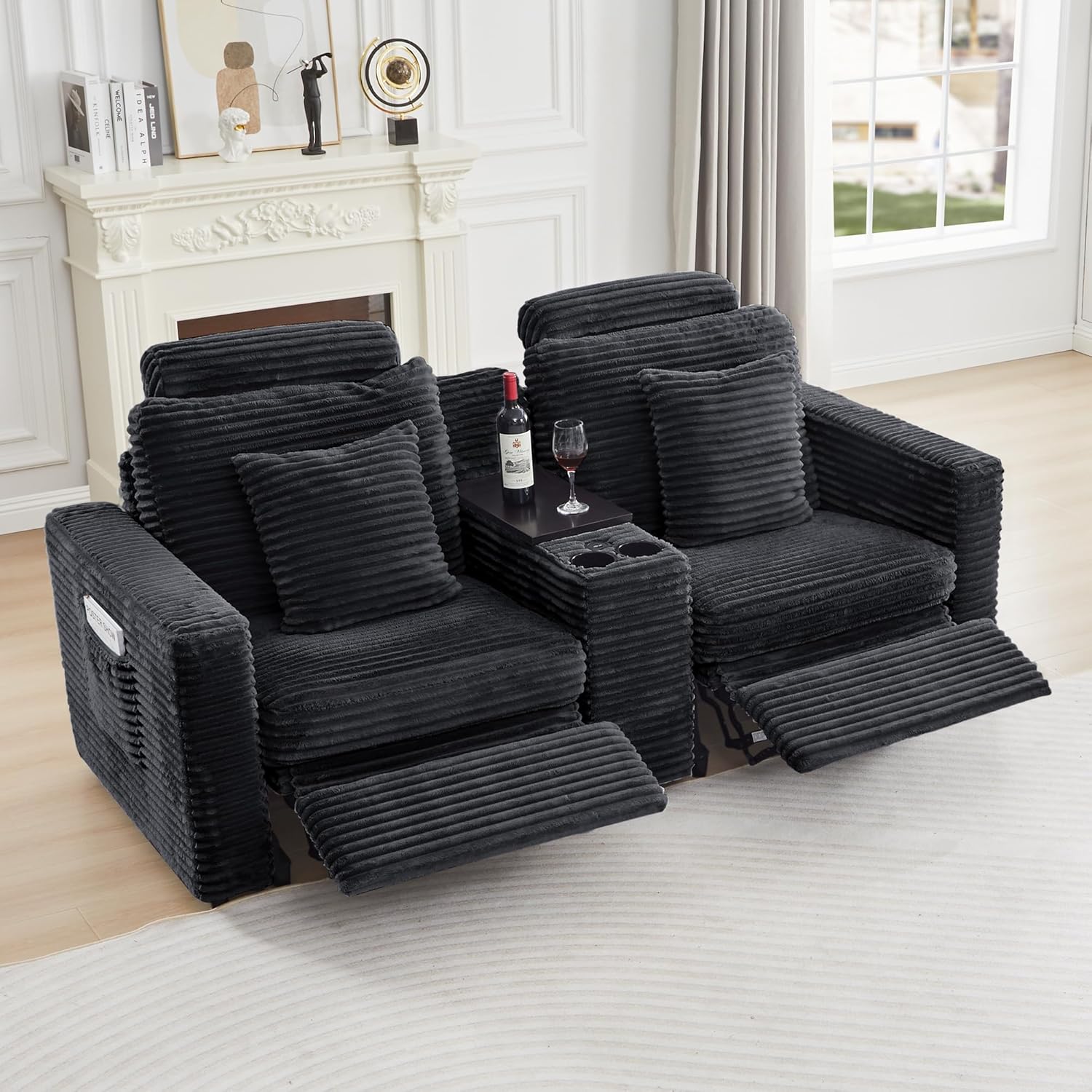 LEVNARY Modular Power Recliner Chair, Faux Rabbit Fur Upholstered Single Seat with Electric Lift Function, Compatible with Modular Sofa System (Black)