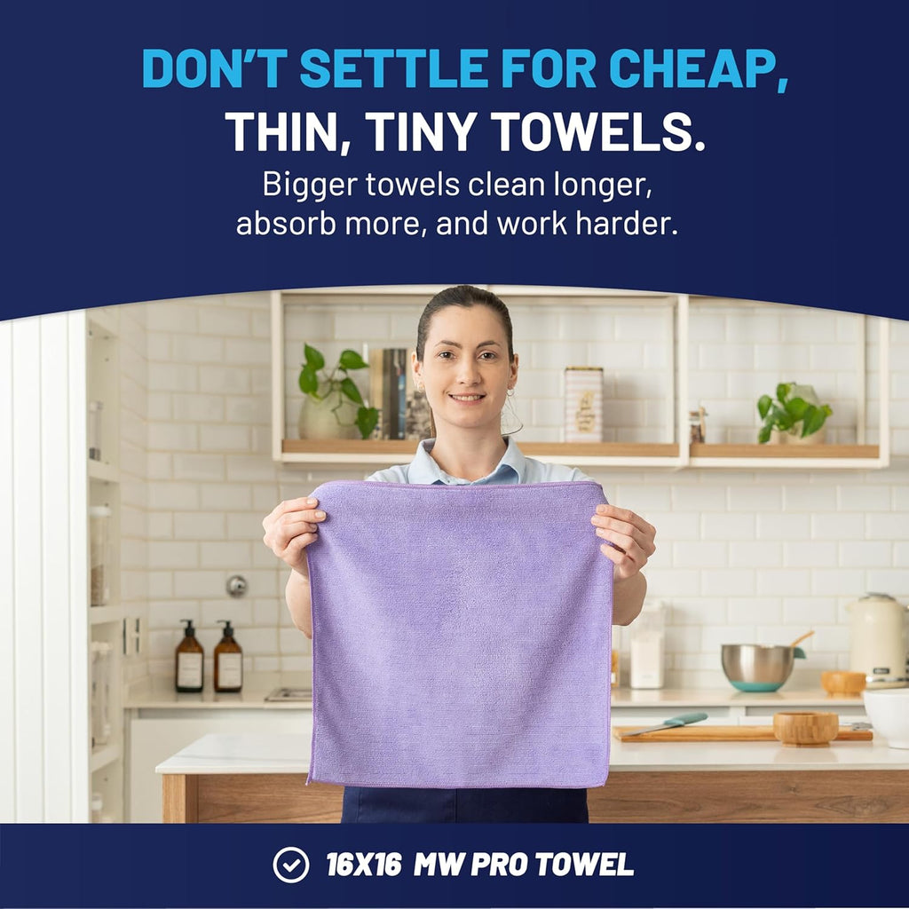 MW Pro Microfiber Cleaning Cloth | Purple | 12 Pack | 16” x 16” | All Purpose Microfiber Towels - Clean, Dust, Polish, Scrub, Absorbent