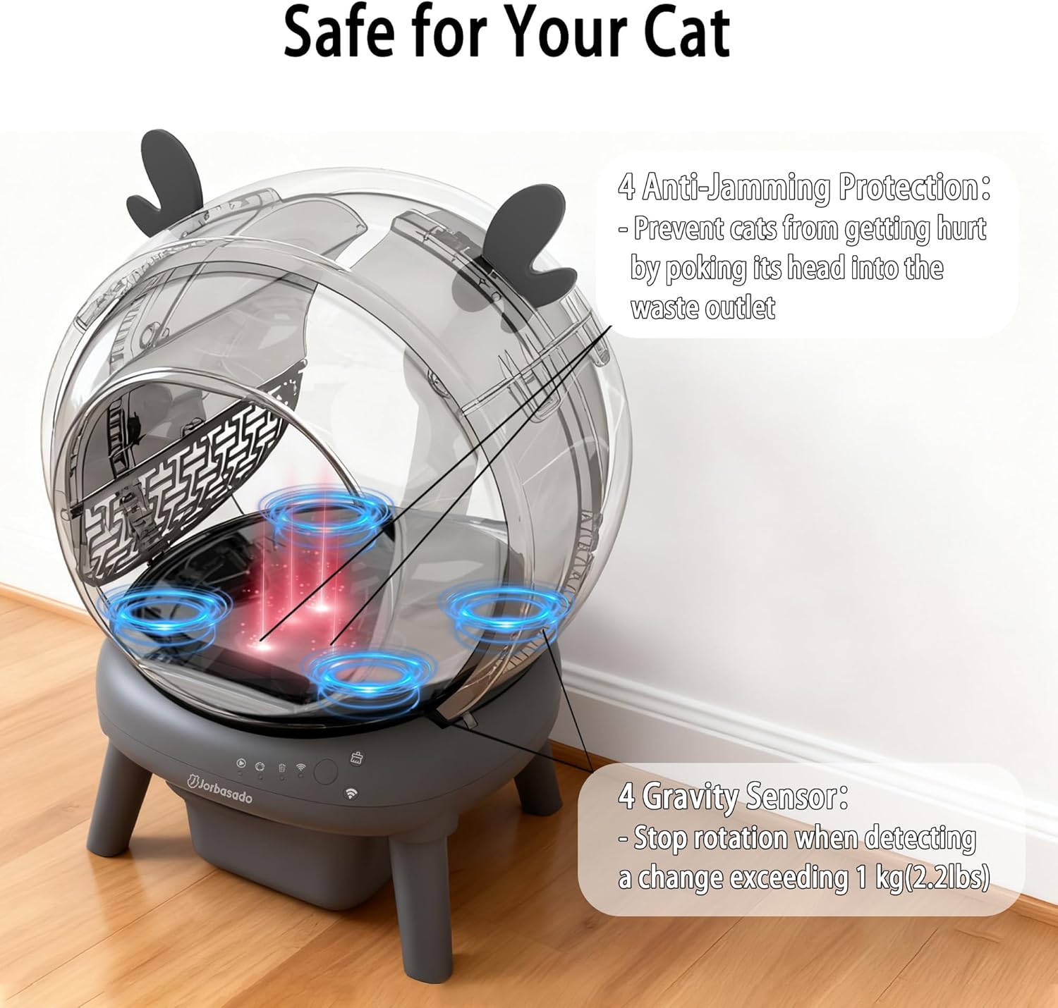 J JORBASADO Self Cleaning Litter Box, Automatic Cat Box for Multiple Cats, APP Real-Time Monitor Cat Litter Box Automatic Cleaning, Safety Protection,with 1 Trash Bag, Ears Design