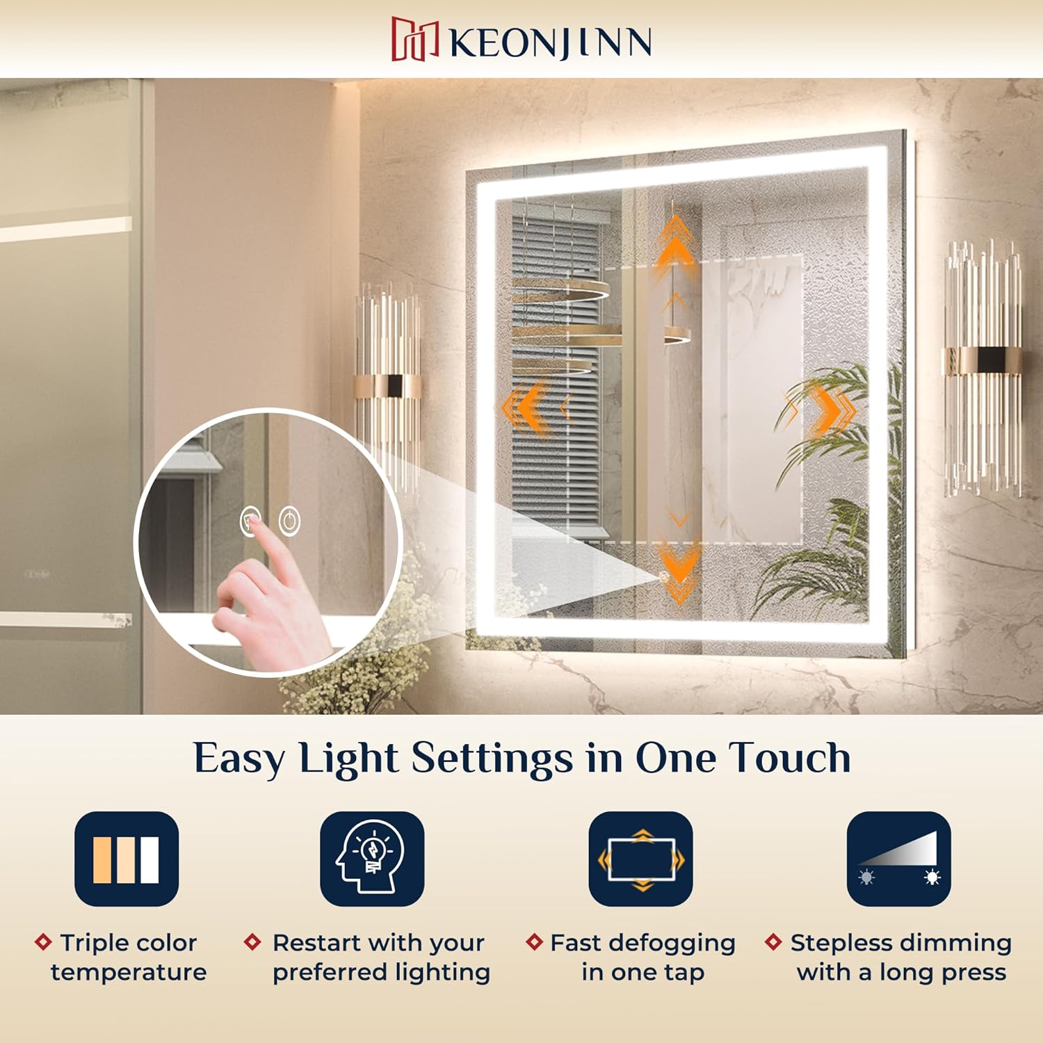 Keonjinn LED Bathroom Mirror 30 ” x 30 ” with Frontlit & Backlit, Lighted Mirror for Bathroom Wall with Dimmable 3-Color Lights, Anti-Fog Mirror with HD Tempered Glass, UL-Listed LED Driver