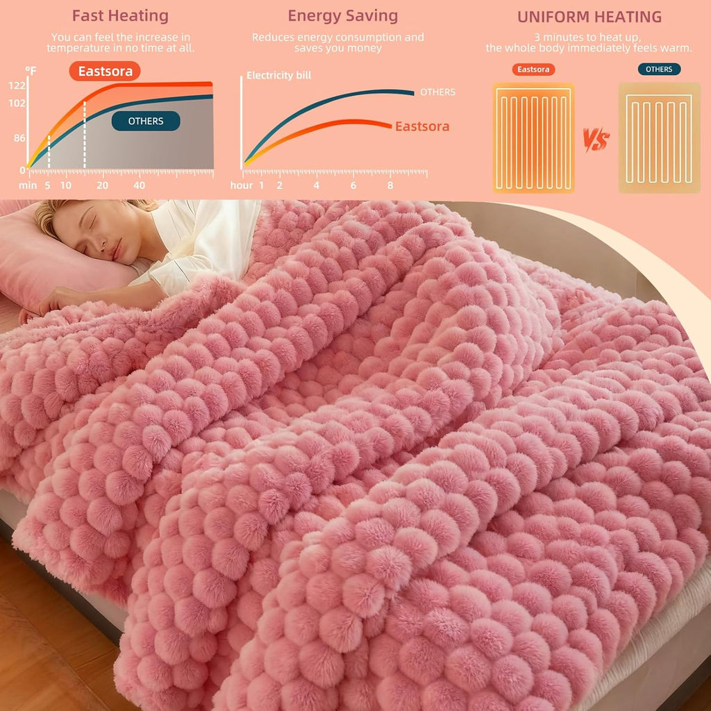 Electric Blanket 50" x 60" Soft Ribbed Faux Fur Flannel Quick Heat 12 Heat Levels 1-12 Hour Timer & Overheat Protection & Auto Shut Off & ETL FCC (Blush Pink, Throw 50" x 60")