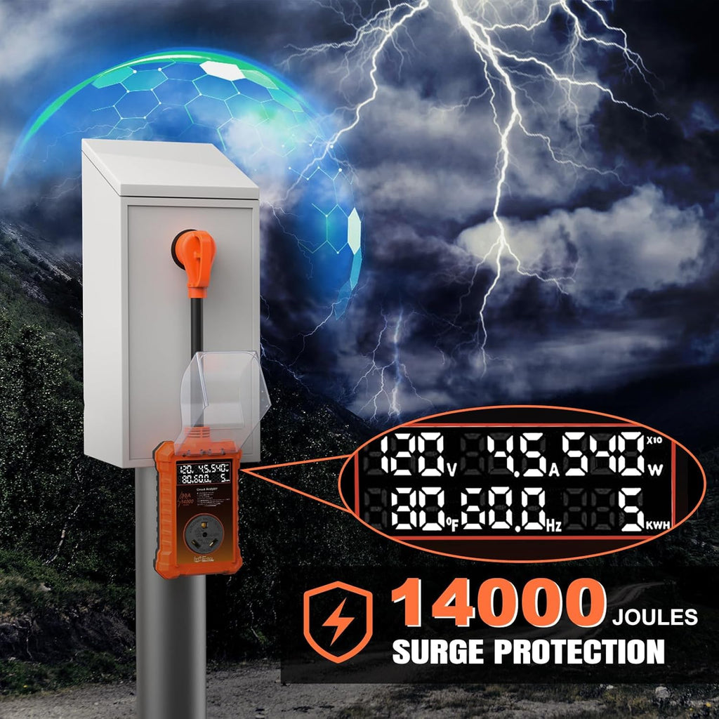 30 Amp RV Surge Protector 14,000J with Smart LED Display & Real-Time Voltage/Current/KWH Monitoring, Auto Shutoff/Reset, High/Low Voltage, Waterproof, Circuit Analyzer, Clear Error Codes for Campers