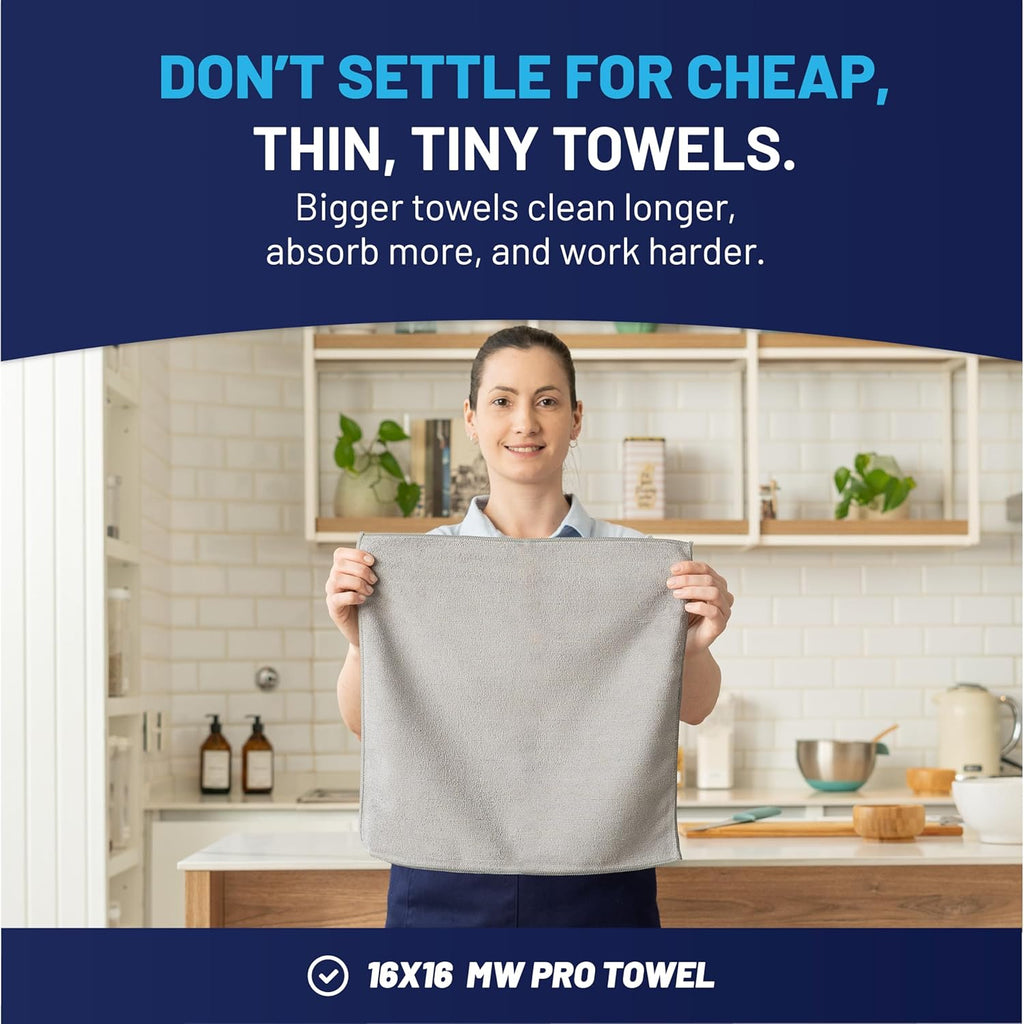 MW Pro Microfiber Cleaning Cloths (12 Pack) | Size 16" x 16"| All Purpose Microfiber Towels - Clean, Dust, Polish, Scrub, Absorbent (Gray)