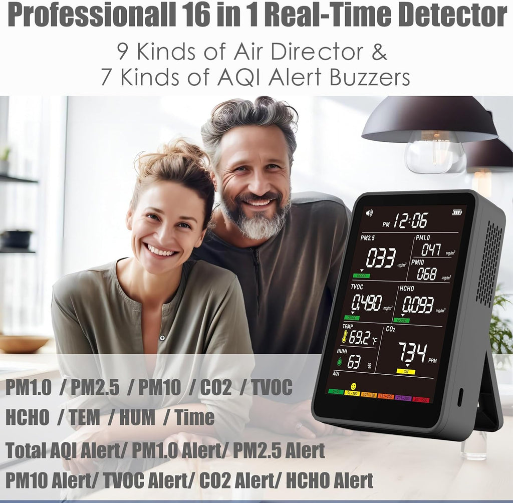 Professional Indoor Air Quality Monitor with AQI Alarms, Portable Real-Time Detector for Home Cars Plants and Pets (Glossy Black)