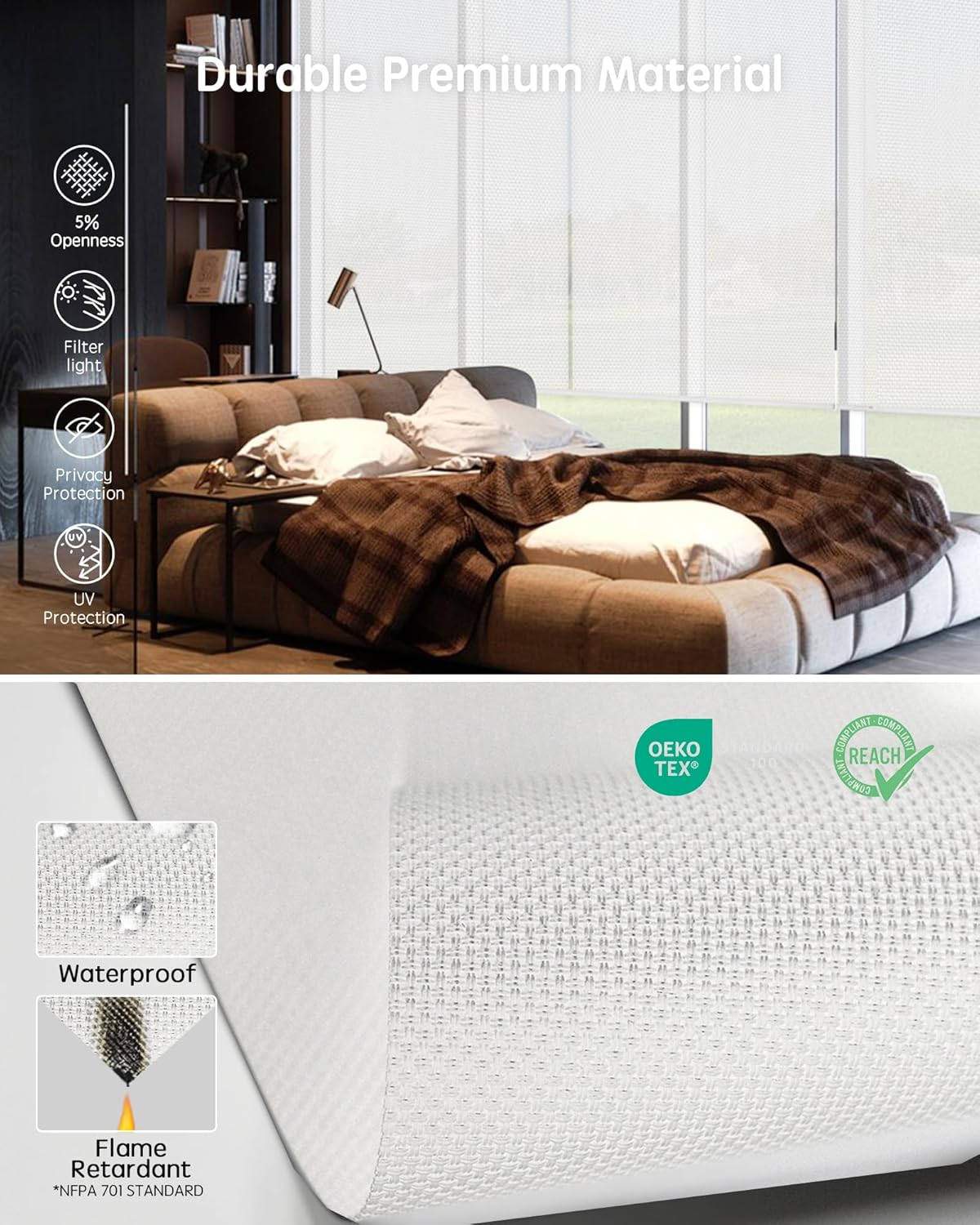 Yoolax Motorized Solar Shades, Flame Resistat Smart Blinds for Windows Motorized Roller Shades, Motorized Blinds Compatible with Alexa Custom Size (Solar-5% Openness White)
