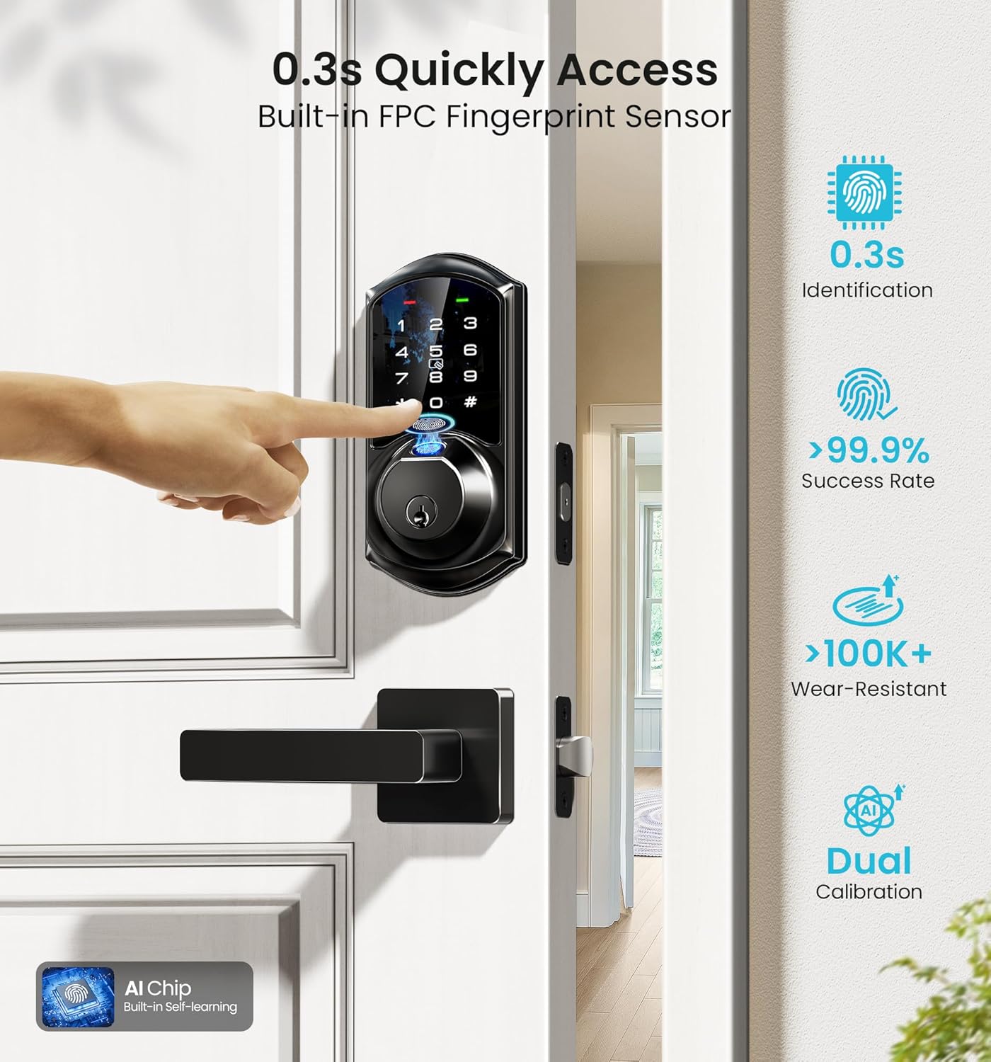 Veise VE07-L Fingerprint Smart Locks for Front Door with Zinc Alloy Handle Set, App Control, Keyless Entry, Electronic Digital Keypad Deadbolt, Auto Lock, Waterproof, Easy to Install, Matte Black