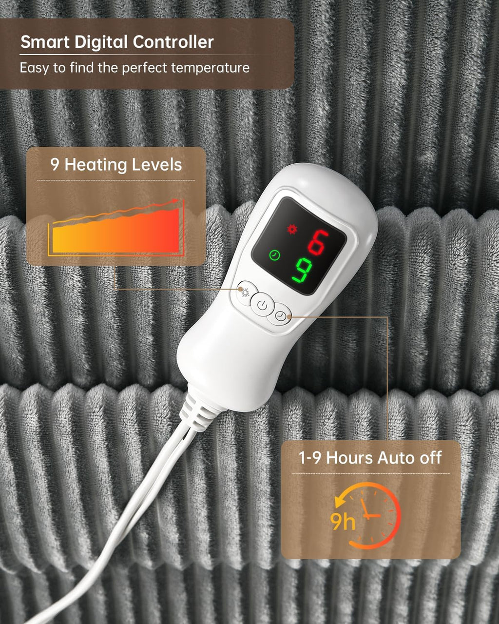 Electric Heated Blanket Throw Size, Washable Blanket Warmer for Home for Adults, Fast Heating Super Cozy Soft Flannel 50" x 60", 9 Heat Levels, 1-9H Auto-Off, ETL Certified, Silver
