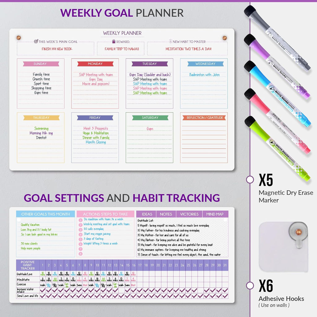 Magnetic Whiteboard for Fridge - Large Dry Erase Calendar for Wall | 2 Magnetic Dry Erase Board 10.5" x 16.5" & 7" x 16.5", Monthly Goal Setting & Habit Tracker, 5 Markers and 6 Adhesive Hooks