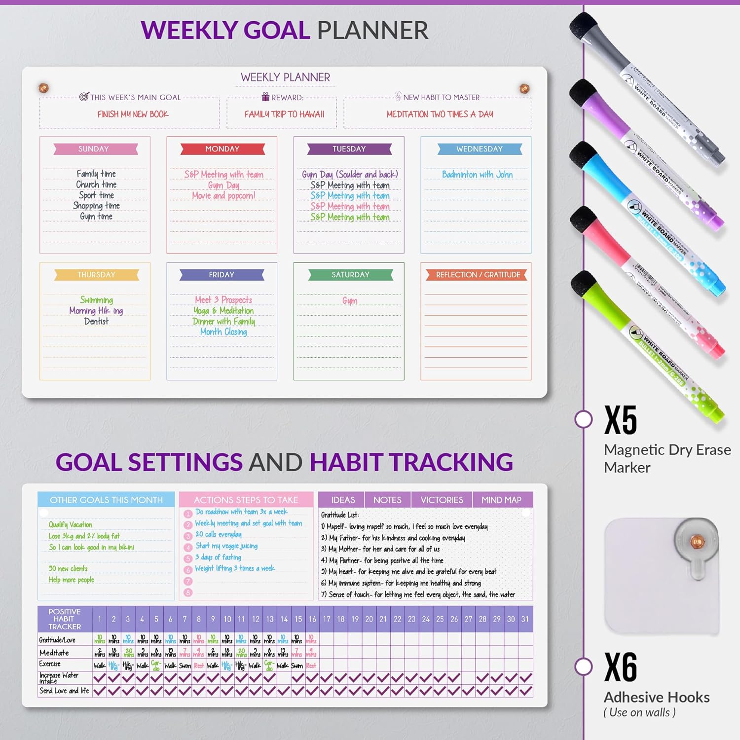 Magnetic Whiteboard for Fridge - Large Dry Erase Calendar for Wall | 2 Magnetic Dry Erase Board 10.5" x 16.5" & 7" x 16.5", Monthly Goal Setting & Habit Tracker, 5 Markers and 6 Adhesive Hooks