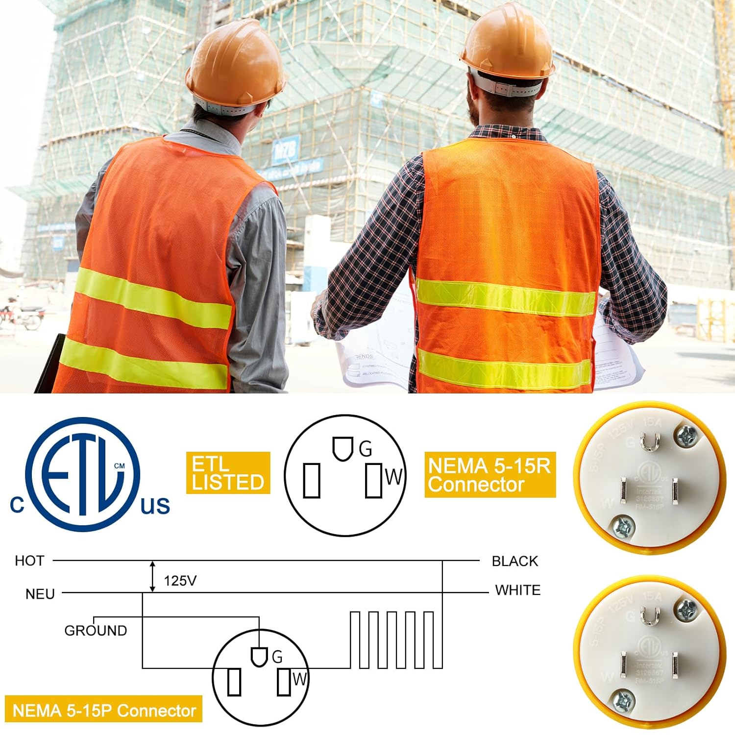 Sherr 16 Pcs Extension Cord Ends 15A 125V 2 Pole 3 Wire Heavy Duty Replacement Male Plug Female Connector Set 5-15P 5-15R Straight Blade Plug Grounding Type/ETL Listed (Male)