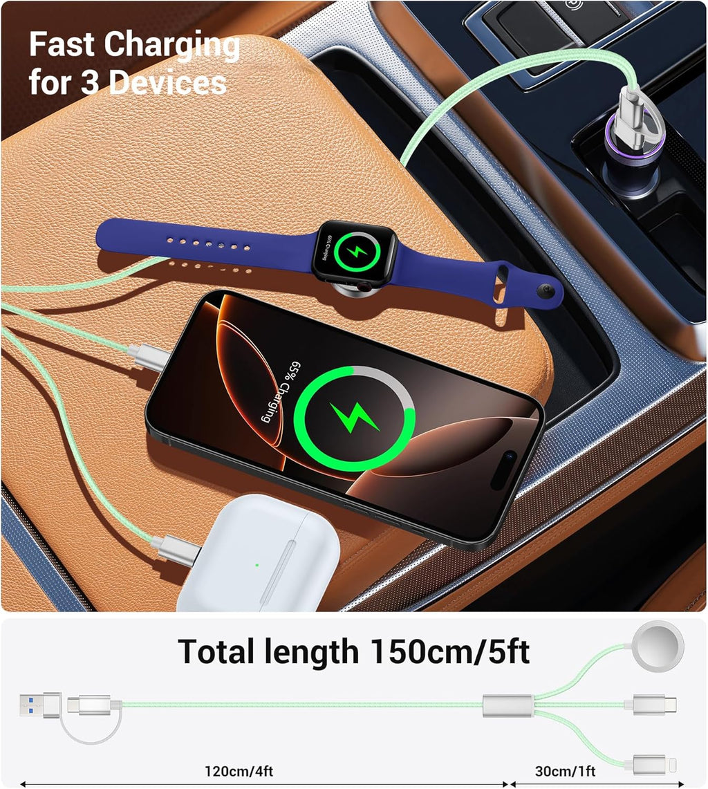 Temdan 2Pack for Apple Watch Charger, 3 in 2 Multi Charging Cable, iPhone Charger, USB A/Type C/Lightning Cable, Portable Travel Essentials Designed for iWatch Ultra/SE/11-1 & iPhone 17-12/ iPad-5Ft