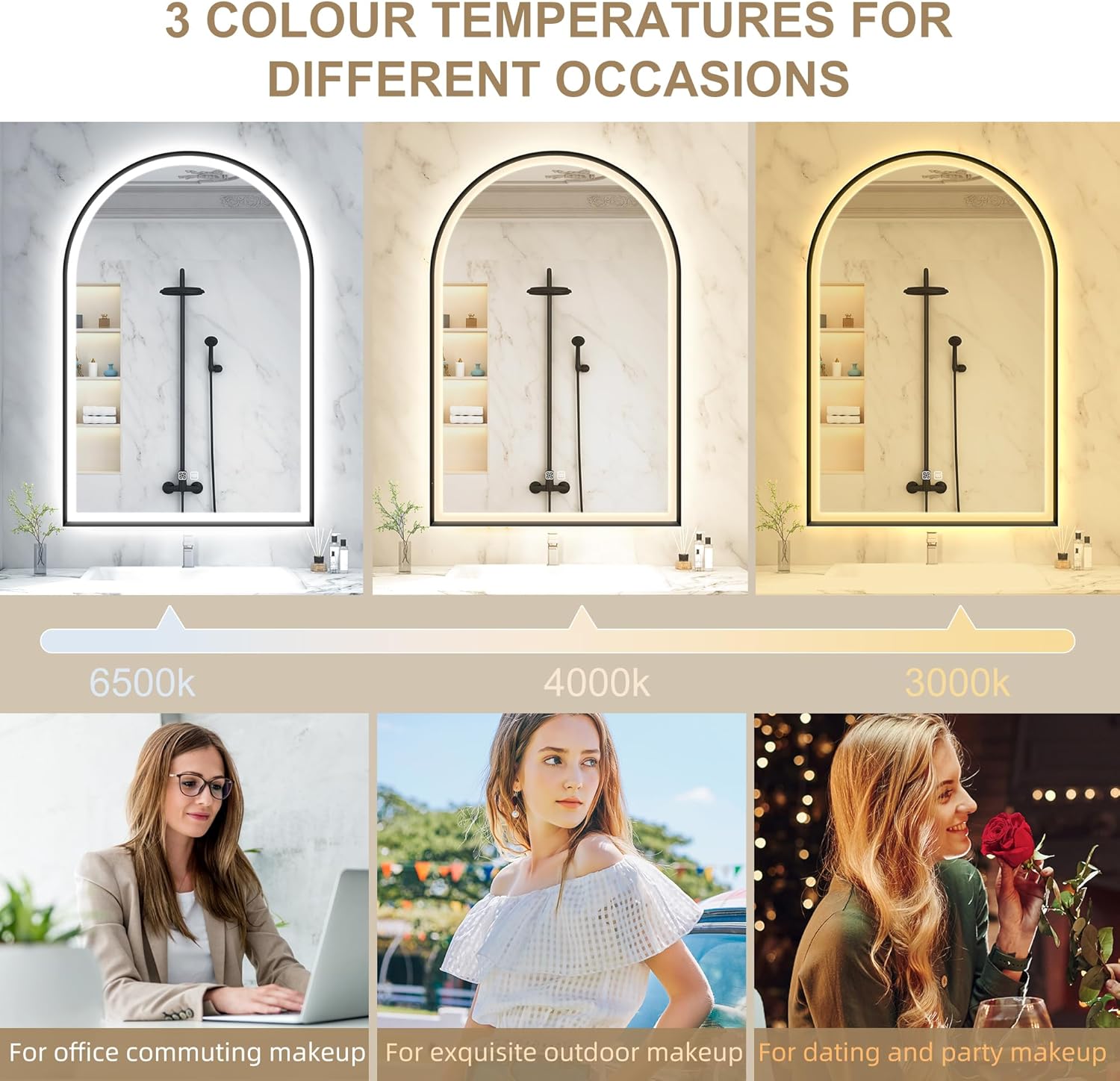 S'bagno 24x36 Arched Black LED Mirror for Bathroom with Frontlit & Backlit, LED Bathroom Mirror with Metal Frame, Anti-Fog, Stepless Dimmable, 3 Color Temperature Vanity Mirror
