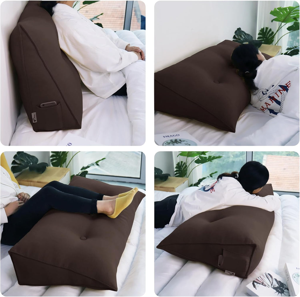WOWMAX 85% Linen 15% Cotton Blend Headboard Pillow – Full Size Reading Wedge Backrest for Bed, Handmade Firm Support Bolster Cushion with Removable Cover, Premium Bed Rest Pillow, Brown