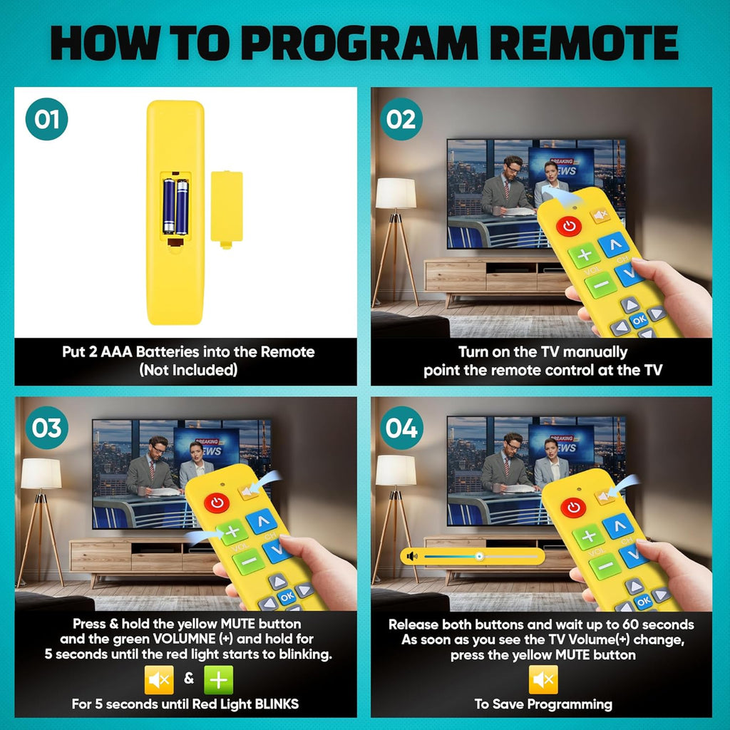 Plus Big Button Universal TV Remote (Yellow) Simple Easy to Use, Works with Major TV Brands (2xAAA Batteries Not Included)