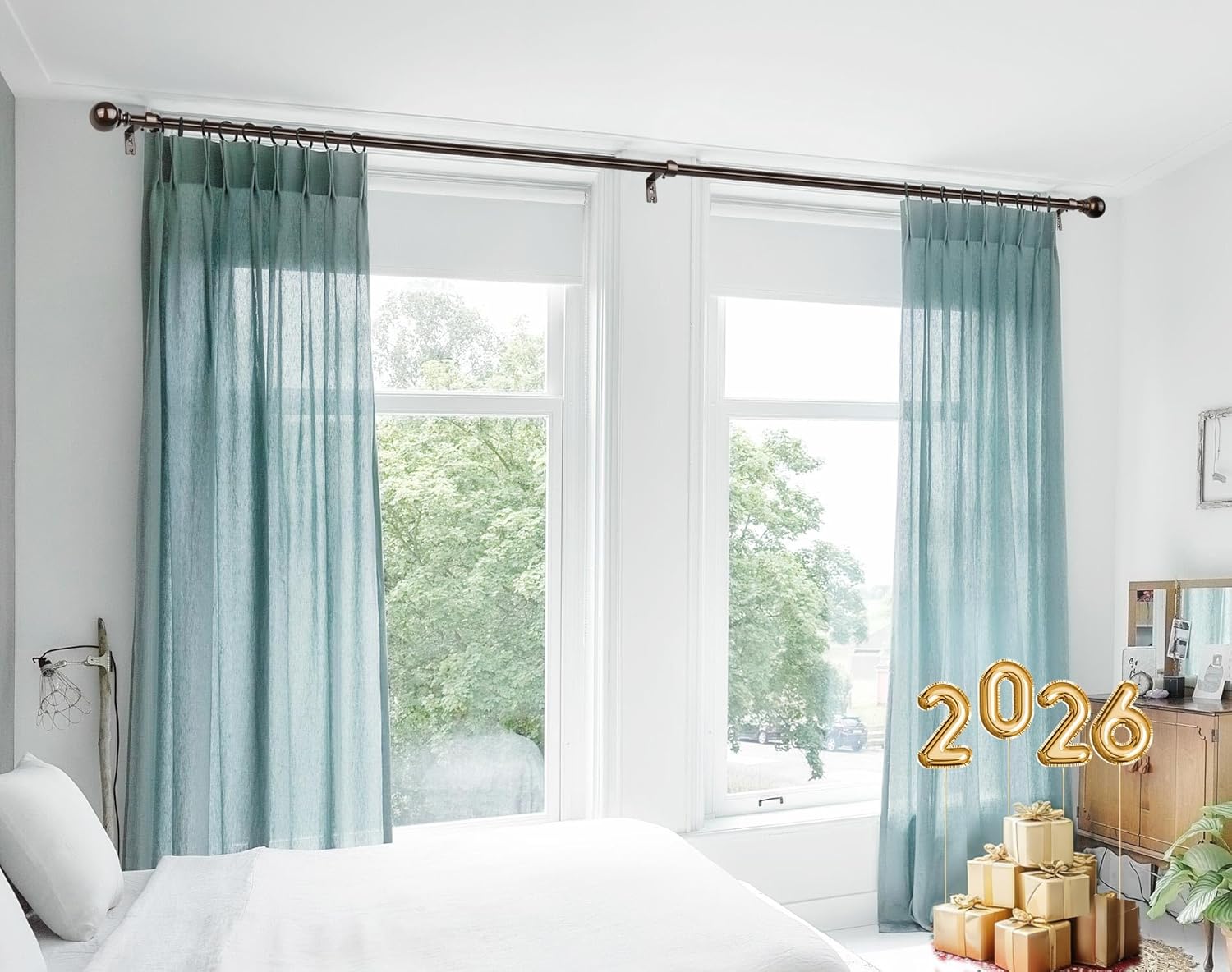KAMANINA Bronze Curtain Rods for Windows 72 to 144 Inches, Long Curtain Rod 32 to 144 Inches (2.6-12ft), 7/8 Inch Decorative Drapery Rod with Round Finials