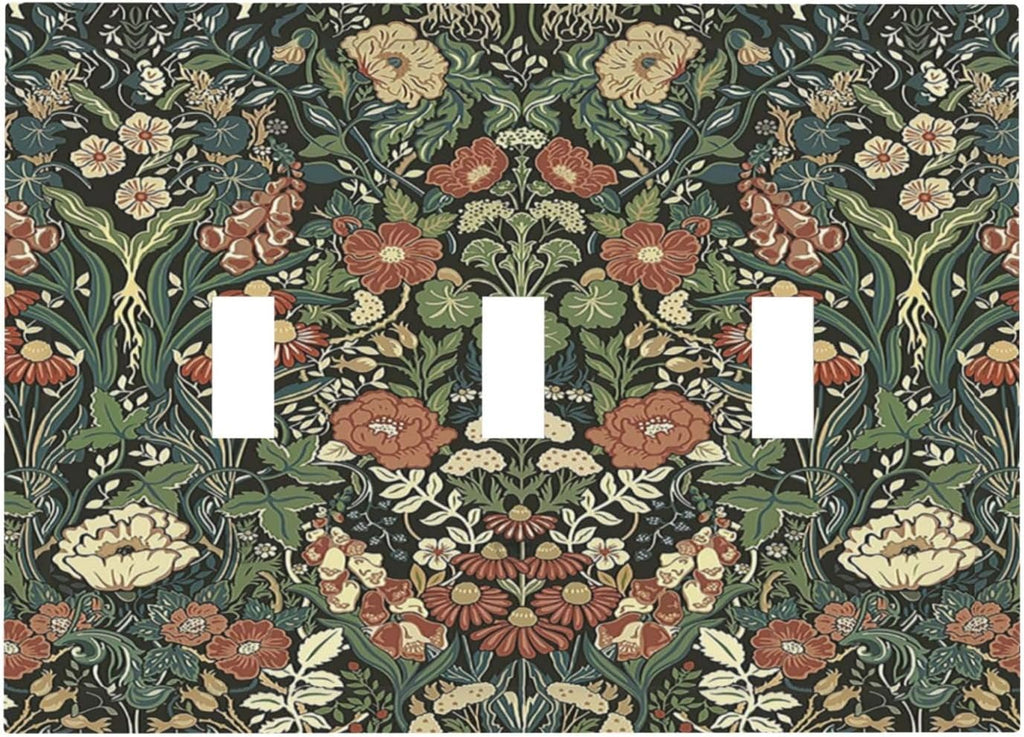 Decorative Switch Plates Vintage Dark Floral William Morris Green Flower 3 Gang Wall Plate Triple Toggle Light Switch Cover Faceplate Electrical Wall Panels for living Room Home Decor