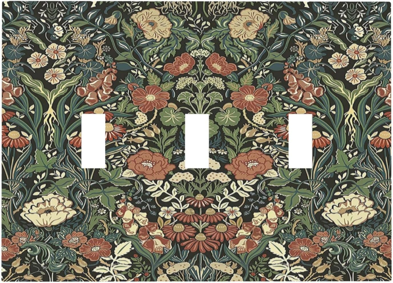 Decorative Switch Plates Vintage Dark Floral William Morris Green Flower 3 Gang Wall Plate Triple Toggle Light Switch Cover Faceplate Electrical Wall Panels for living Room Home Decor