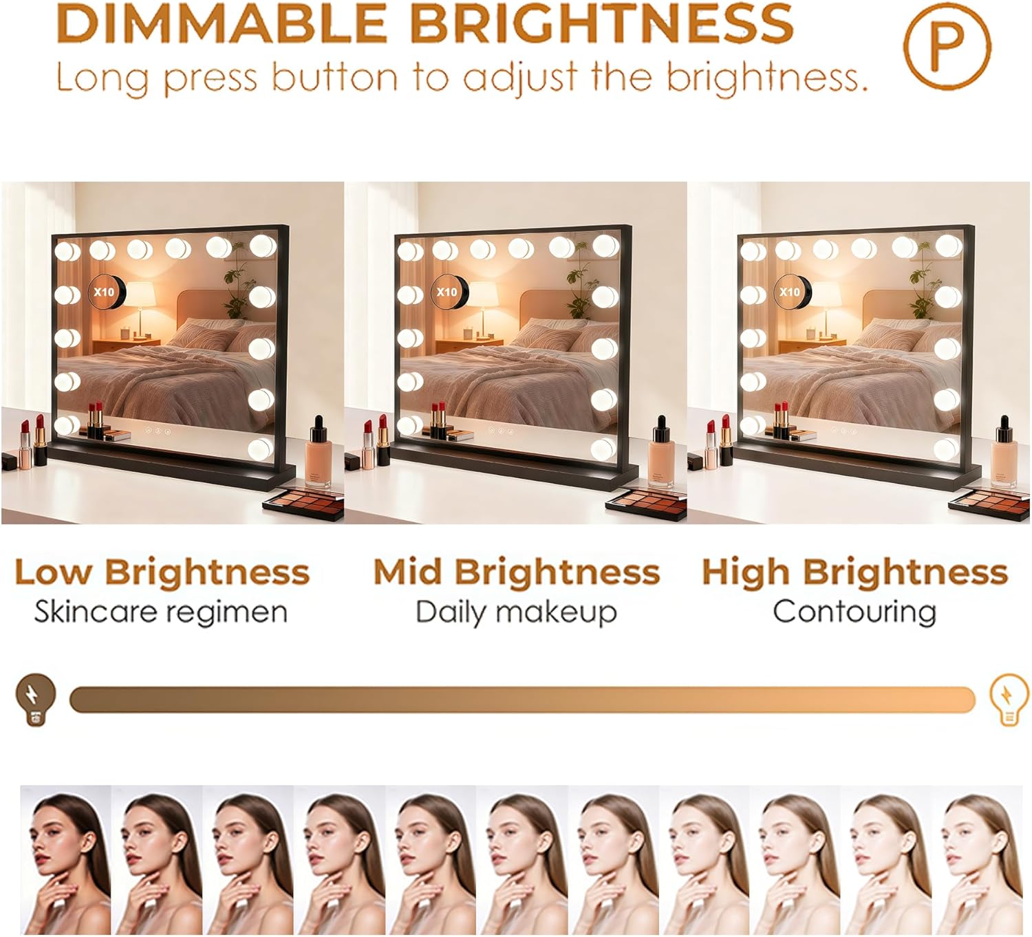 Lighted Vanity Mirror, Hollywood Style, 14.5 Inch LED Makeup Mirror, White/Black, Metal Frame, 10x Magnification, 3 Dimming Modes, Smart Touch Control (Black)