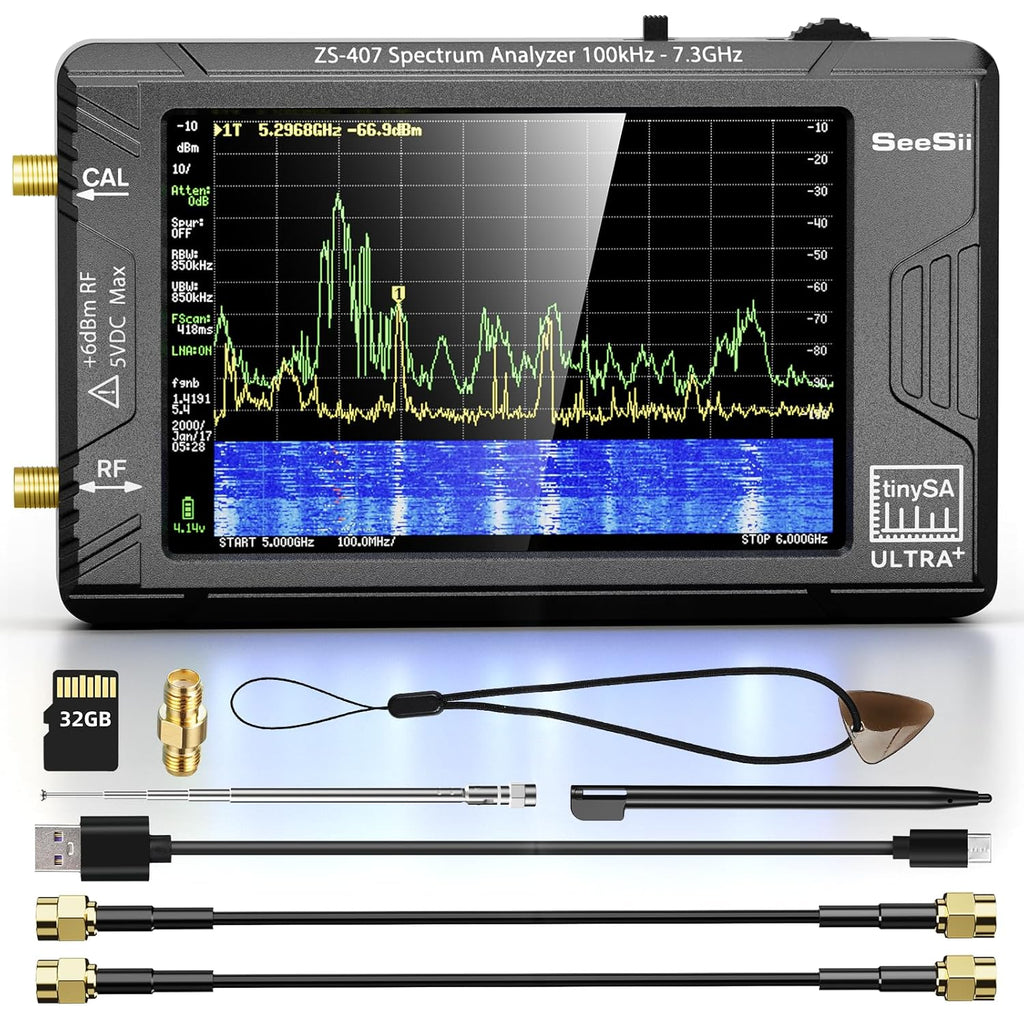 SeeSii TinySA Ultra+ ZS407 7.3GHz Spectrum Analyzer: 2025 Upgraded 4 Inch HW V0.5.4 100kHz-7.3GHz Handheld Tiny Frequency Analyzer - 2-in-1 RF Signal Generator 100kHz to 900MHz MF/HF/VHF UHF
