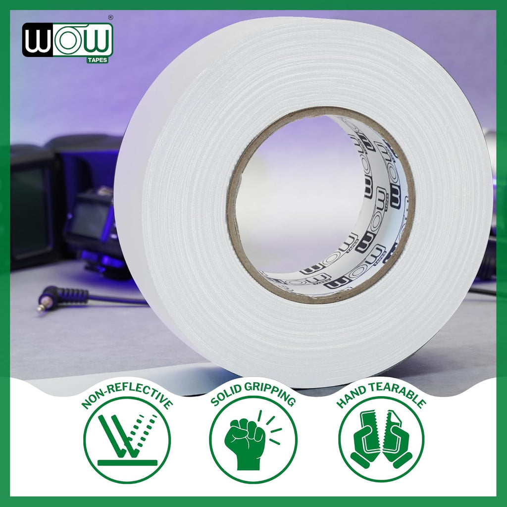 Wow Gaffers Tape 2 Inch White - 50 Yards (Pack of 2), Residue Free, Non-Reflective & Heavy-Duty - Professional Grade Gaff Tape - Ideal for Photography Backdrop, Cables, Cords & Floor Taping