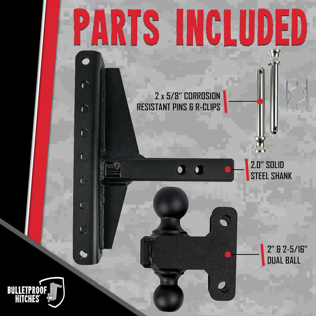 BulletProof Hitches - 2.0" Adjustable Heavy Duty Trailer Hitch (22,000 lb. Rating) - Offset 4" and 6" Drop/Rise Trailer Hitch with 2" & 2-5/16" Dual Ball Powder Coat, Solid Steel, Corrosion-Resistant