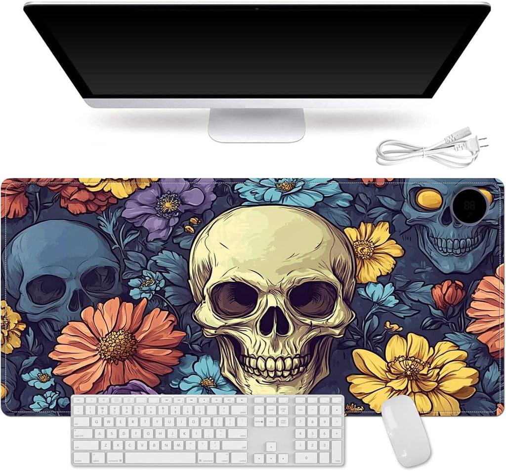 Small Heated Desk Pad 23.6" x 14.2" – Compact Electric Mouse Pad with 3 Heating Levels, Auto Shut-Off, Waterproof PU Surface, Plug-in Warmer for Office or Home Use, Floral Skull