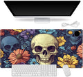 Heated Mouse Pad for Desk 31.5" x 13" – PU Leather Warm Desk Pad with 3 Heat Levels (104°F/113°F/122°F), Plug-in Electric Heating Mat with Auto Shut-Off, Waterproof & Rollable, Floral Skull