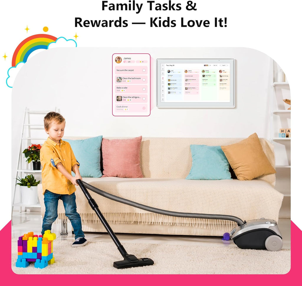 21.5 Inch Family Digital Calendar - Chore Chart, Meal Planner, Photo Display, FHD Interactive Touchscreen with LED Reminder, Wall & Desk Mount Smart Electronic Planner