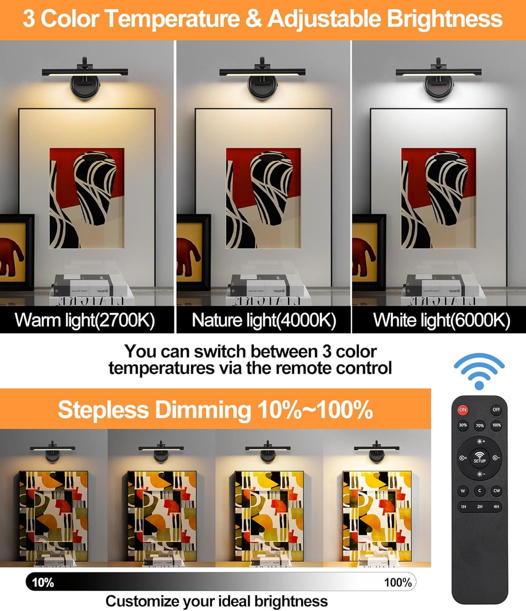 Rechargeable Picture Light for Wall, Cordless Art Lights Battery Operated, Dimmable Wall Light with Remote & Timer, 3 Color Modes for Paintings, Gallery, Artwork(Black, 12inch)