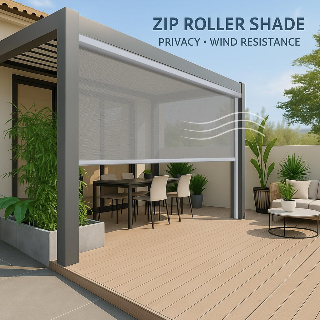 ZSHINE Hard-Wired Outdoor Snow Blocking Weatherproof Motorized Patio Roller Shades Remote Control for Porch Balcony Customized Size (White 10% Openness)