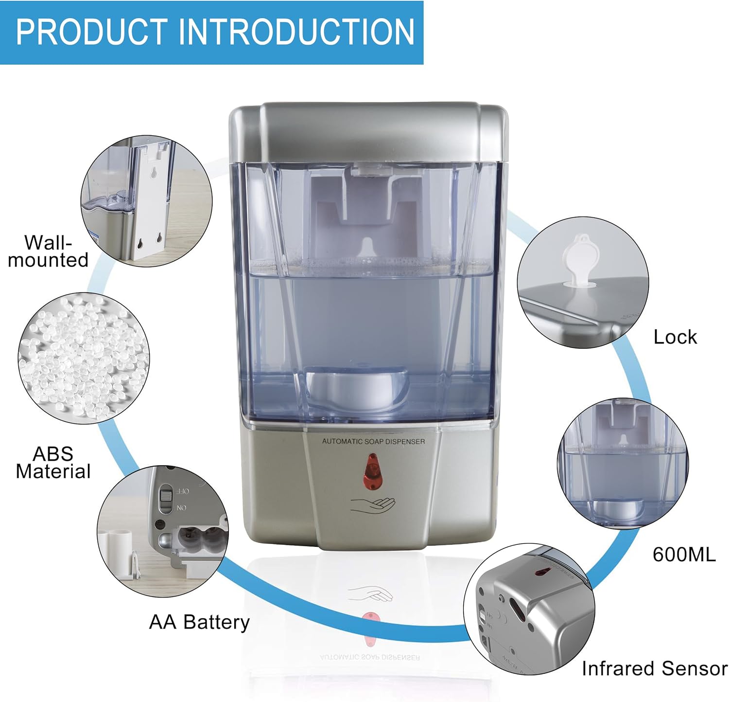 Automatic Sensor Soap Dispenser Wall Mount Silver, Touchless Induction Hand Sanitizer Dispenser for Bathroom with Gel or Liquid, 20 Oz