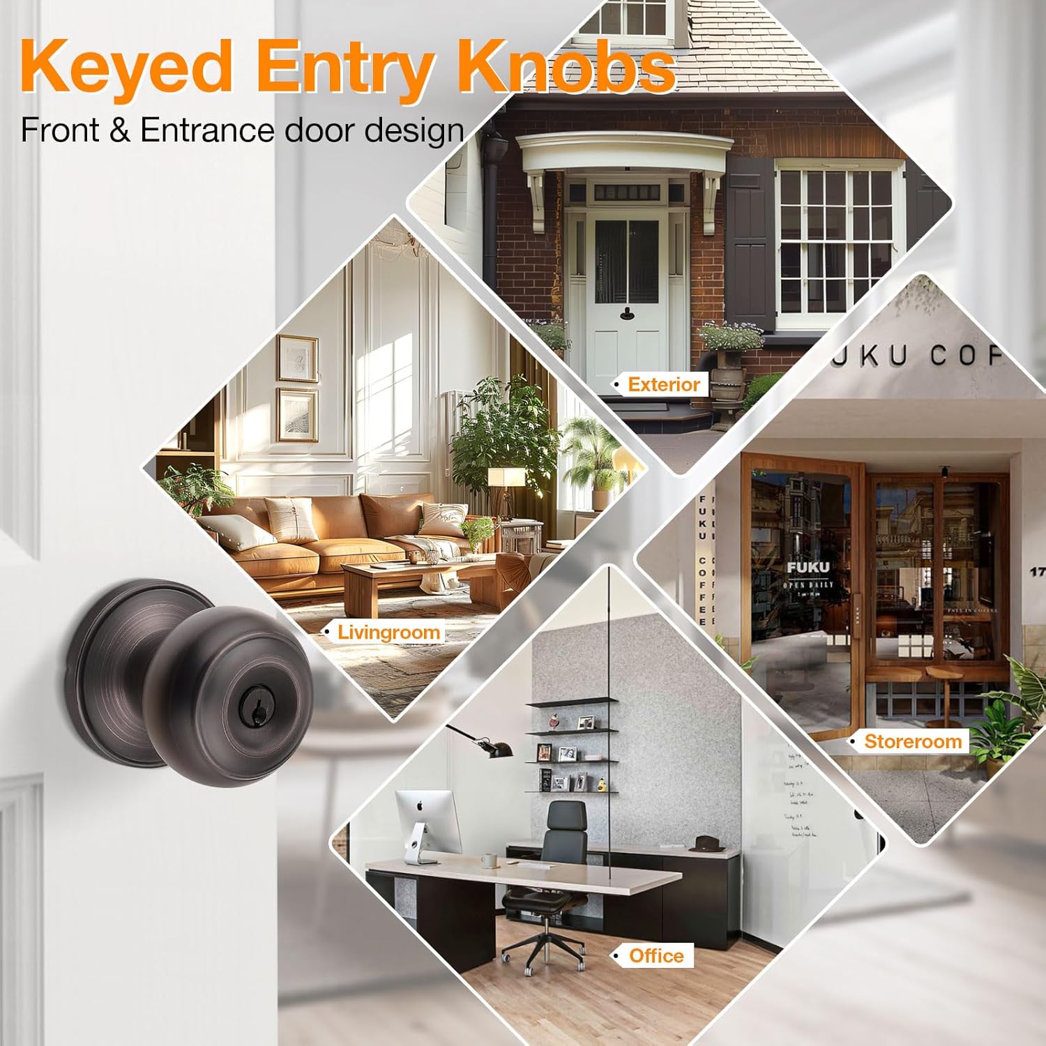 Gobrico Flat Ball Round Keyed-Alike Entry Knob for Exterior Door Oil Rubbed Bronze Finished Same Key Pack of 5