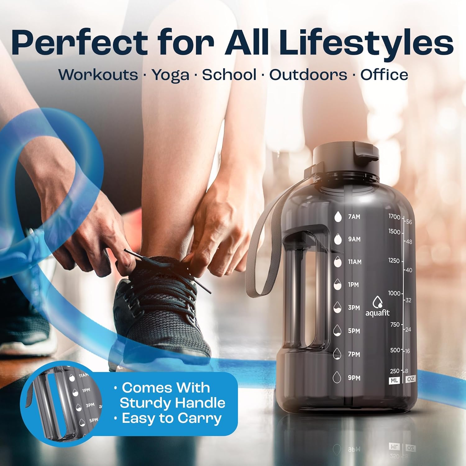AQUAFIT 64 oz Water Bottle with Time Marker - Straw & Chug Lid - BPA Free Half Gallon Gym Water Bottle with Handle - Big Gallon Jug (Gun Gray, 64 Ounces)