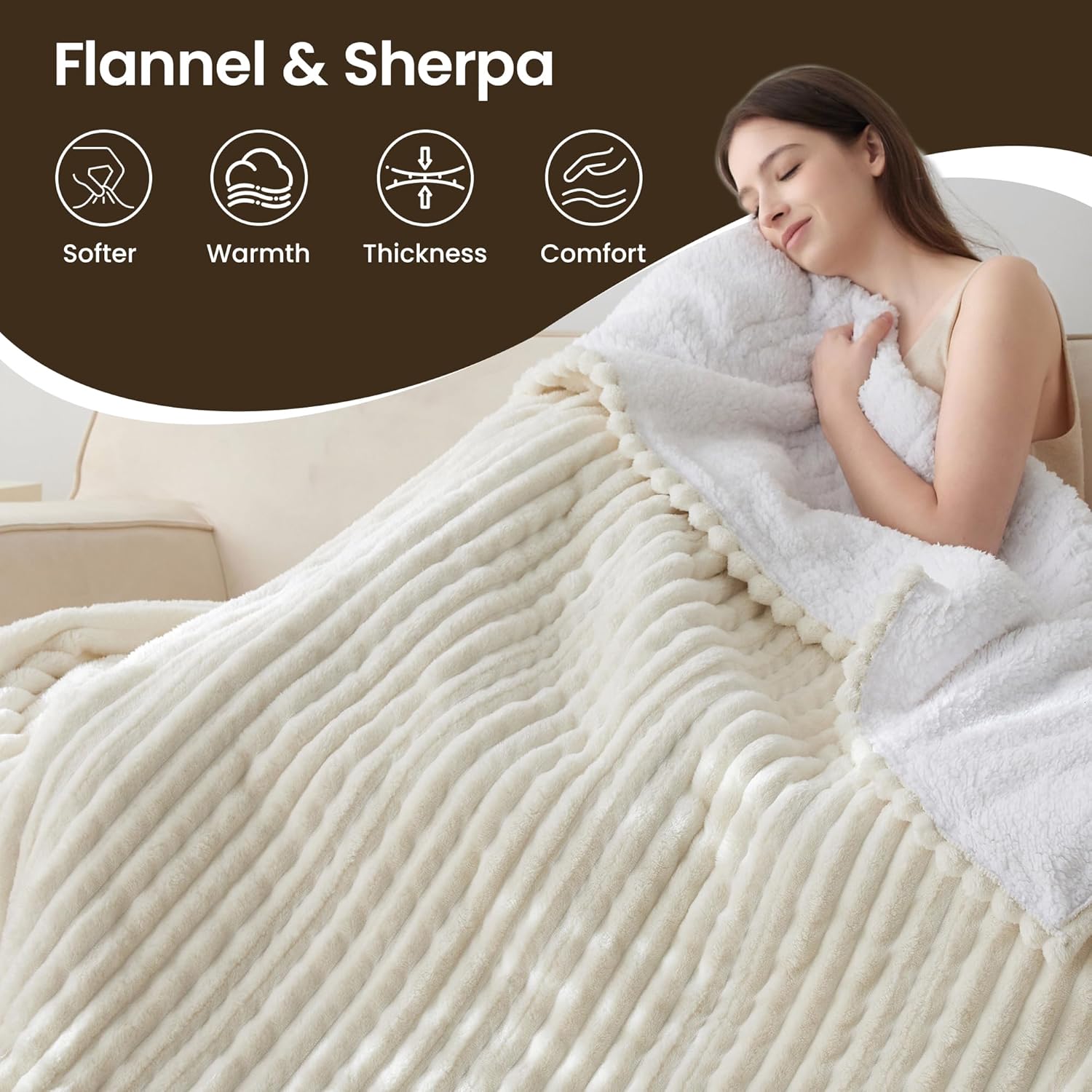 Heated Blanket Electric Blanket 90"x90", Soft Flannel Sherpa Electric Throw with 5 Heating Level & 12 Times Setting, Heated Throw with Overheating Protection, Machine Washable (Beige)