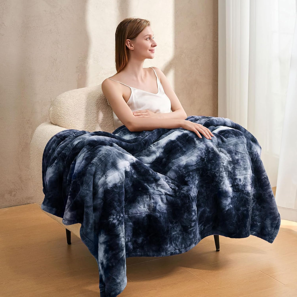 Electric Heated Throw Blanket 50"x60",Luxury Blue Faux Rabbit Fur Electric Blanket,Fast Heating Soft Fluffy Thick Electric Blanket with 6 Heating Levels & 12H Auto Off