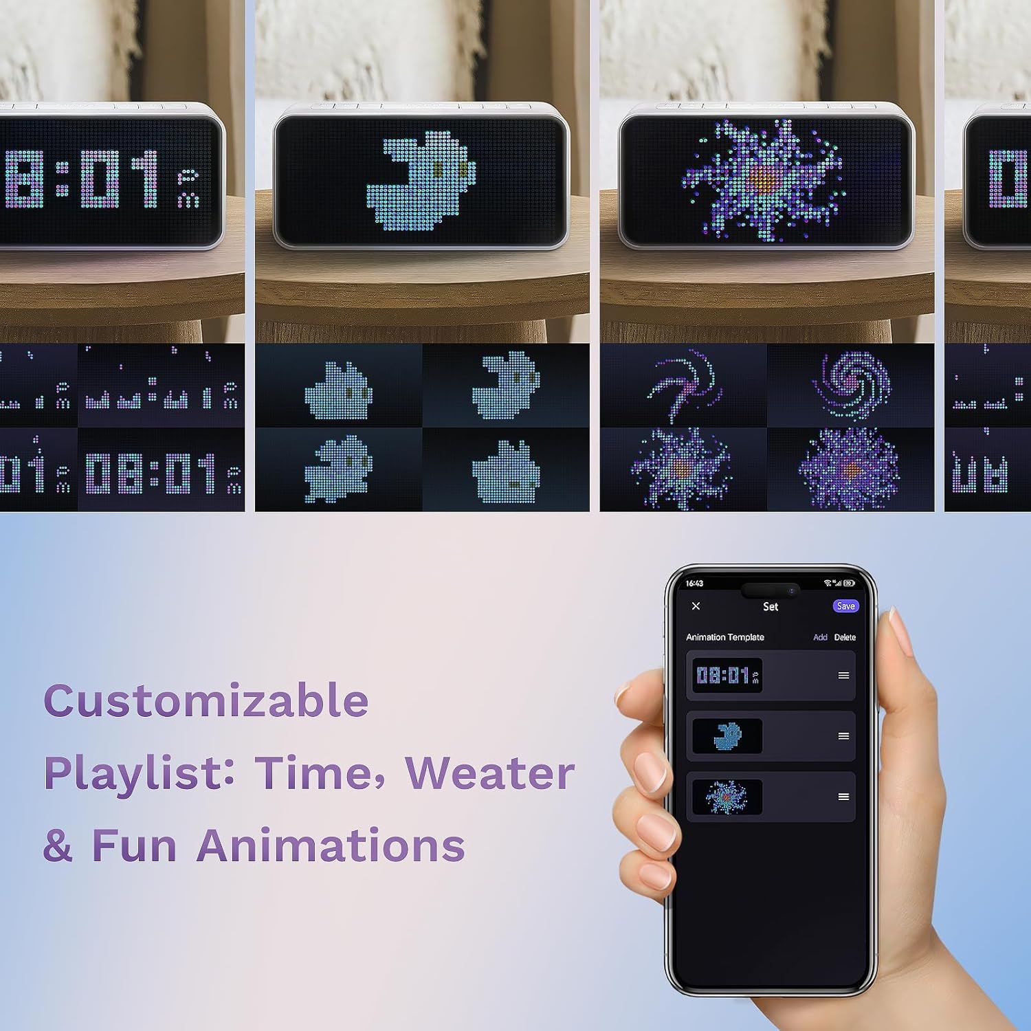Dekala PixelRise Smart Alarm Clock for Bedroom,Pixel Art LED Dot Matrix Display, Weather Temperature Animation, Loud Dual Alarm for Heavy Sleeper, Sleep White Noise, WiFi Weather & Time Sync, App