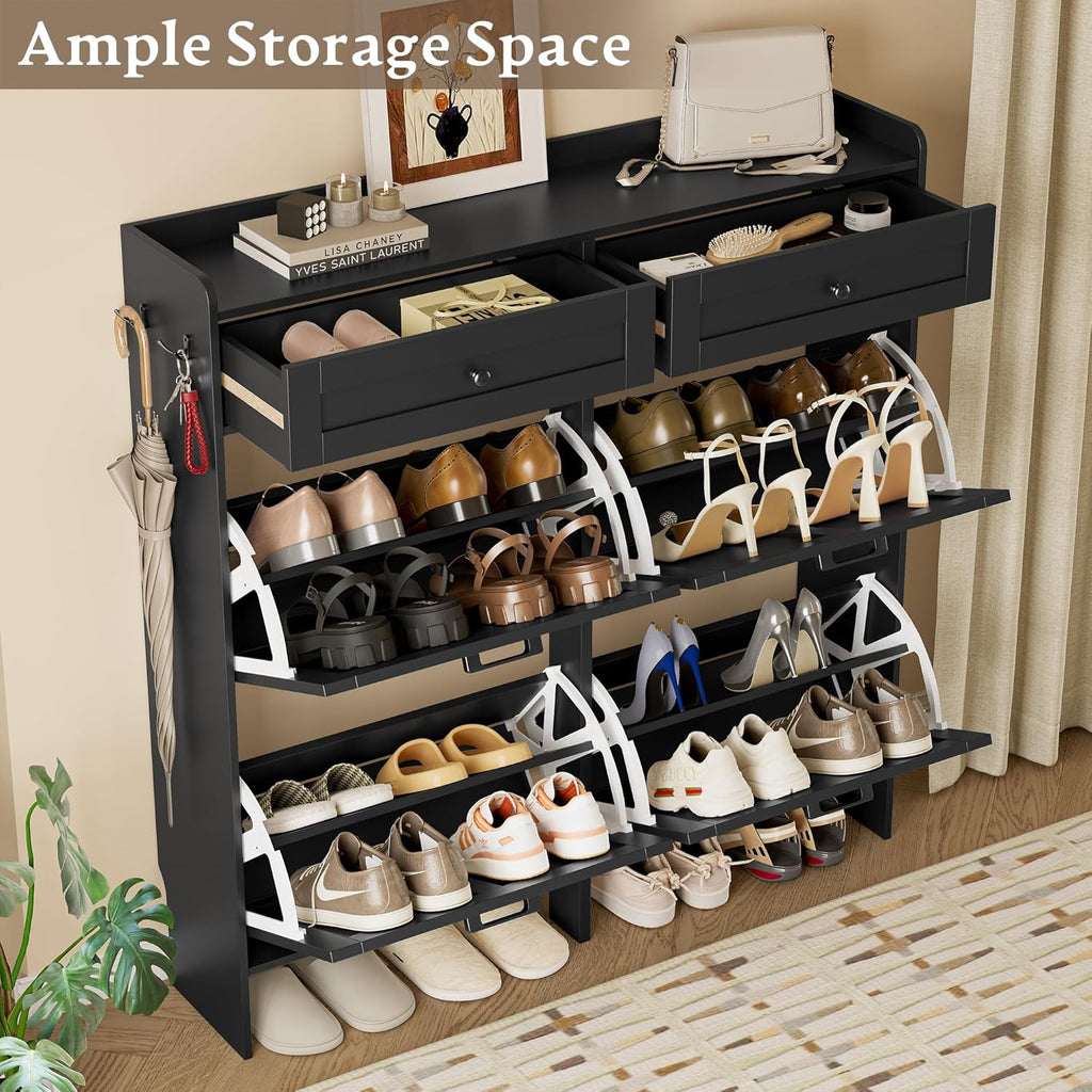 Shoe Storage Cabinet for Entryway, Farmhouse Wide Shoe Cabinet with 4 Flip Drawers and 2 Top Drawers, Freestanding Organizer with Adjustable Shelves, Hooks, and Anti-Tip Kit for Hallway